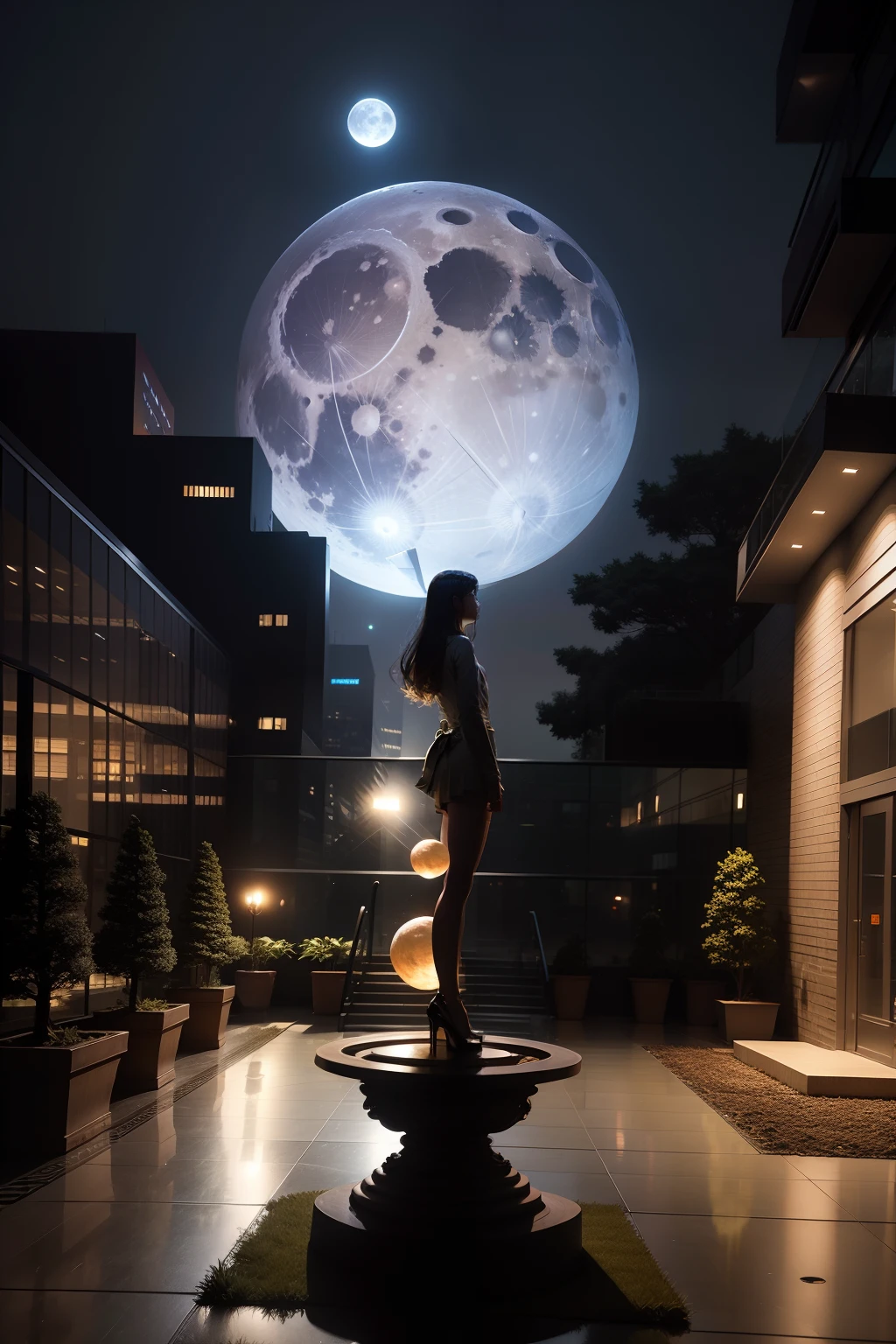 Super Big Moon sculpture,In the office building,Glass curtain wal,There are no lights,the night,Realisticstyle,No Man。