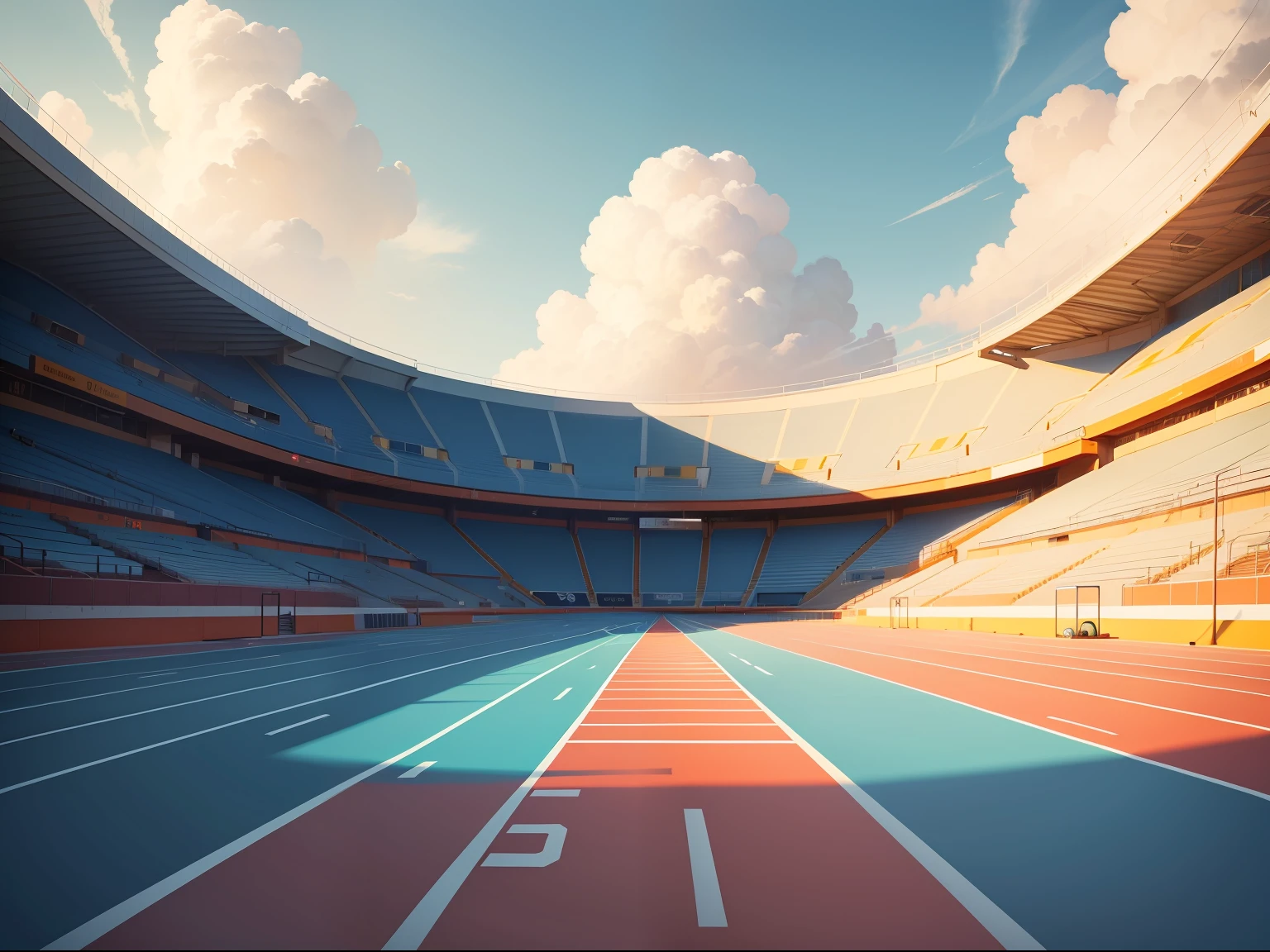 gym，400-meter running track，Vector illustration，professional illustration，acurate，high detal，电影灯光，Shinkai sincerely，with blue sky and white clouds，POV