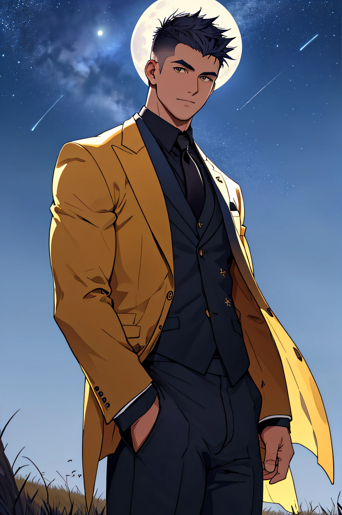 Draw a full-fledged footballer，Standing on the steppe at night，He wears a fancy suit，The man looks confident and determined，looking-down，Crew cut，full bodyesbian，Stars dot the sky，shooting from below，Big moon highlights background