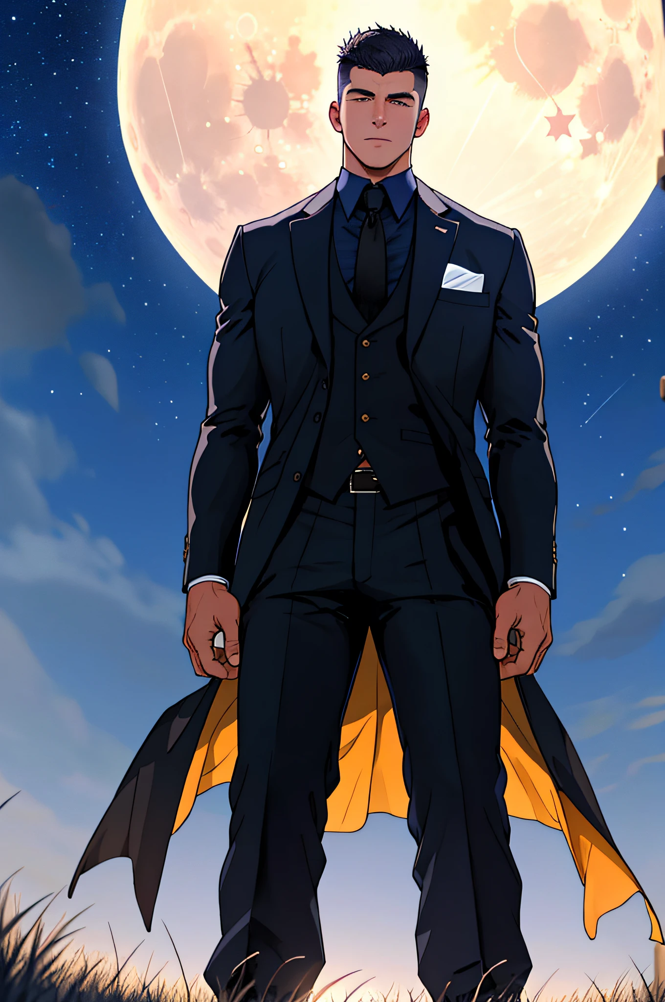 Draw a full-fledged footballer，Standing on the steppe at night，He wears a fancy suit，The man looks confident and determined，looking-down，Crew cut，full bodyesbian，Stars dot the sky，shooting from below，Big moon highlights background