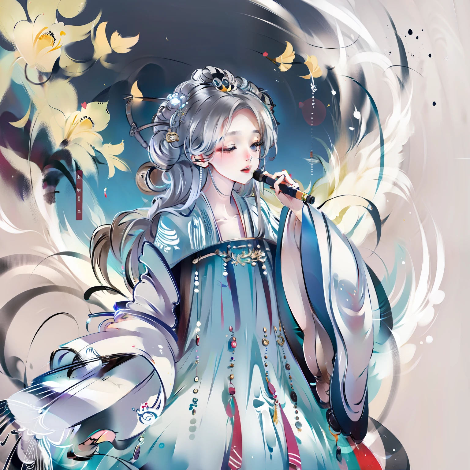 idoly,Hanfu,be on stage,holding a mic