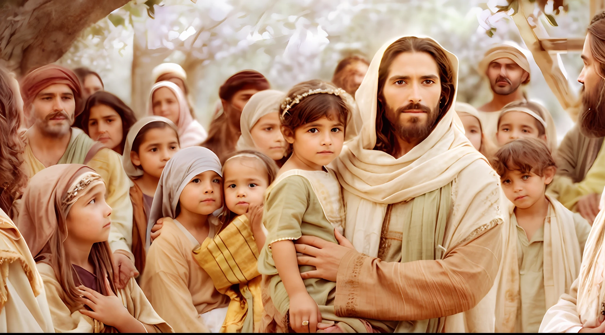 Modern portrait of Jesus holding a child in his lap, cinematic lighthing, profundidade de campo, Bokeh, Realismo, fotorrealista, hiper-realismo, fotografia profissional, UHD, DSLR, HDR