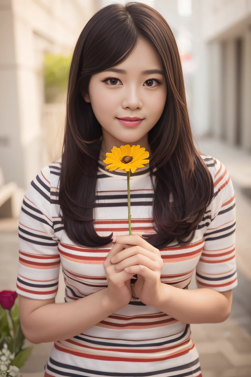 Close up portrait of woman holding flowers in her hands, Beautiful young Korean woman, Gorgeous young Korean woman, jaeyeon nam, beautiful Korean women, Cute Korean Actress, Korean Girl, lee ji - eun, lee ji-eun, Choi Hong Hwa, ulzzangs, wan adorable korean face, Asian girl with long hair, Hwang Se - On