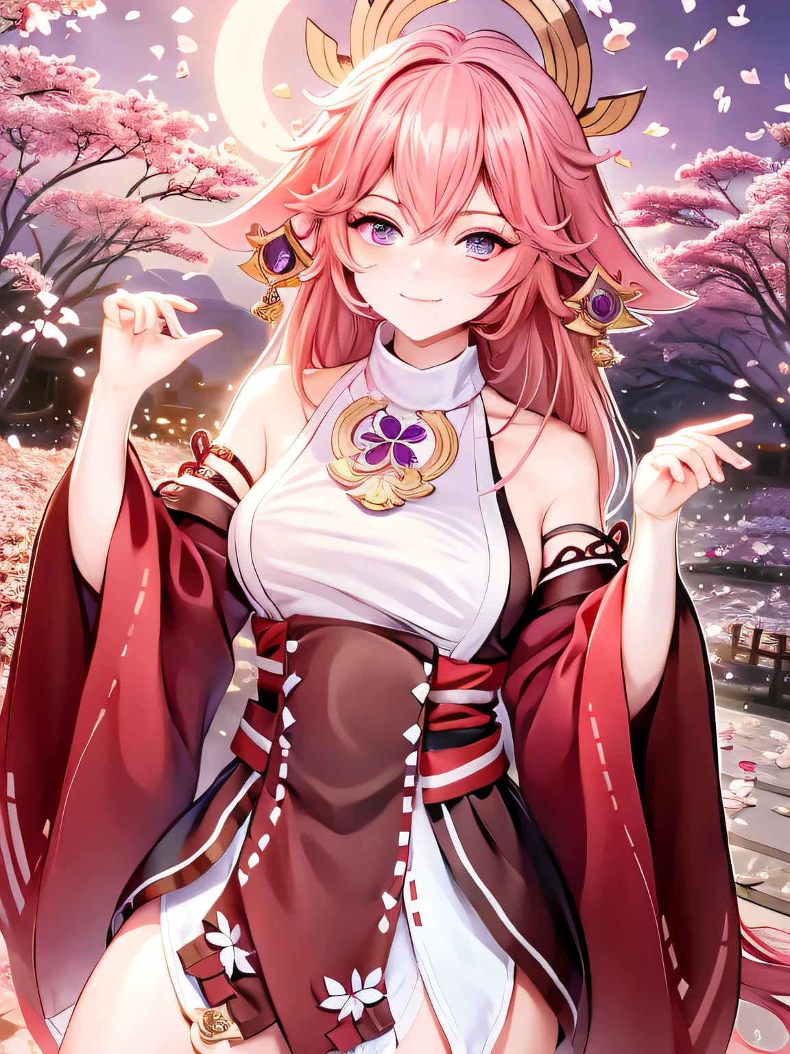 genshin_impact, crystalfly_(genshin_impact), yae_miko, kusunokinawate, 1girl, animal_ears, bangs, breasts, cherry_blossoms, cowboy_shot, detached_sleeves, earrings, falling_petals, floating_hair, floppy_ears, floral_print, flower_knot, fox_ears, hair_between_eyes, hair_ornament, hand_up, japanese_clothes, jewelry, long_hair, long_sleeves, looking_at_viewer, medium_breasts, nontraditional_miko, petals, purple_eyes, red_skirt, ribbon_trim, shirt, sidelocks, skirt, sleeveless, sleeveless_shirt, solo, tassel, thighs, turtleneck, white_sleeves, wide_sleeves