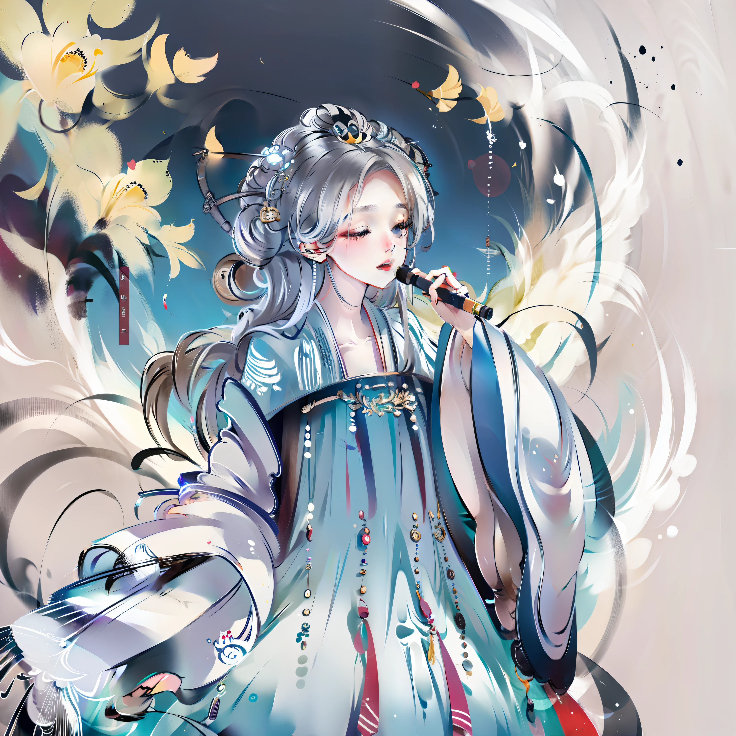 idoly,Hanfu,be on stage,holding a mic