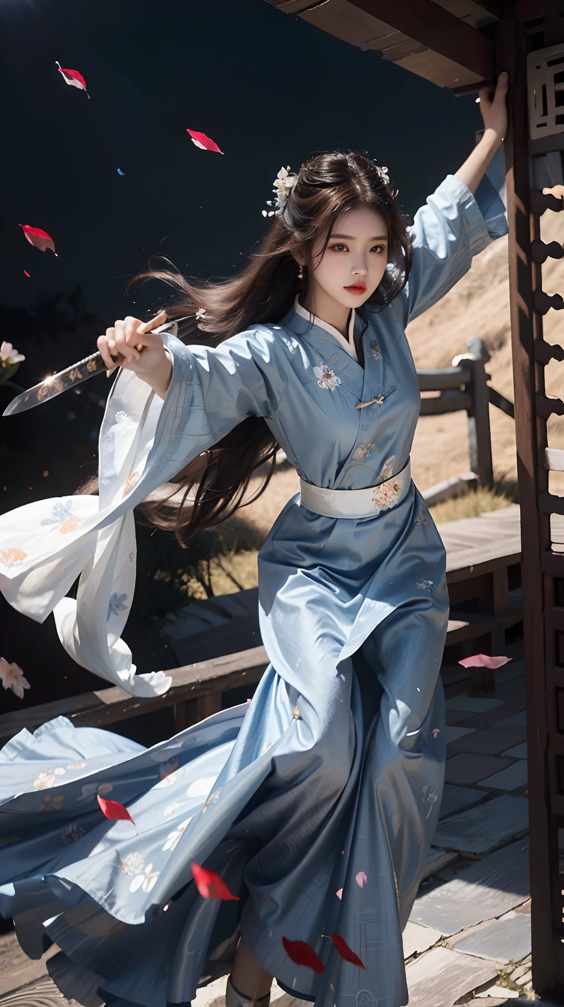 Superb Beauty, (Milky Skin: 1.3), Exquisite Details, High Resolution, Wallpaper, 1 Woman, Solo, Dress, Hair Accessories, (((Blue and White Dress)), flower, baihuaniang, long hair, brown hair, shut up, long sleeves, wide sleeves, big eyes, flowing hair, Chinese style, holding a katana, chinese clothing, hanfu, embroidery, long skirt, falling petals, dusk, 16K, HDR, High resolution, depth of field, (film grain: 1.1), Bocon, prime time, (lens flare), vignetting, rainbow, (color grading: 1.5)
