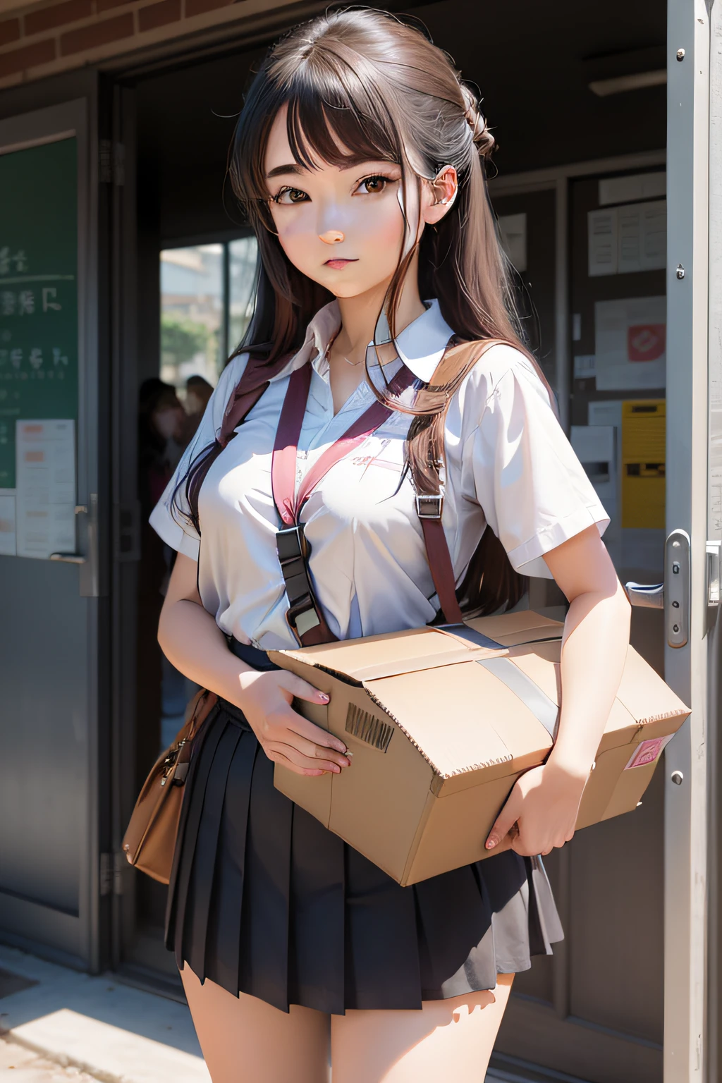 A girl holds a delivery box,in a school,Manhwa Style,k hd