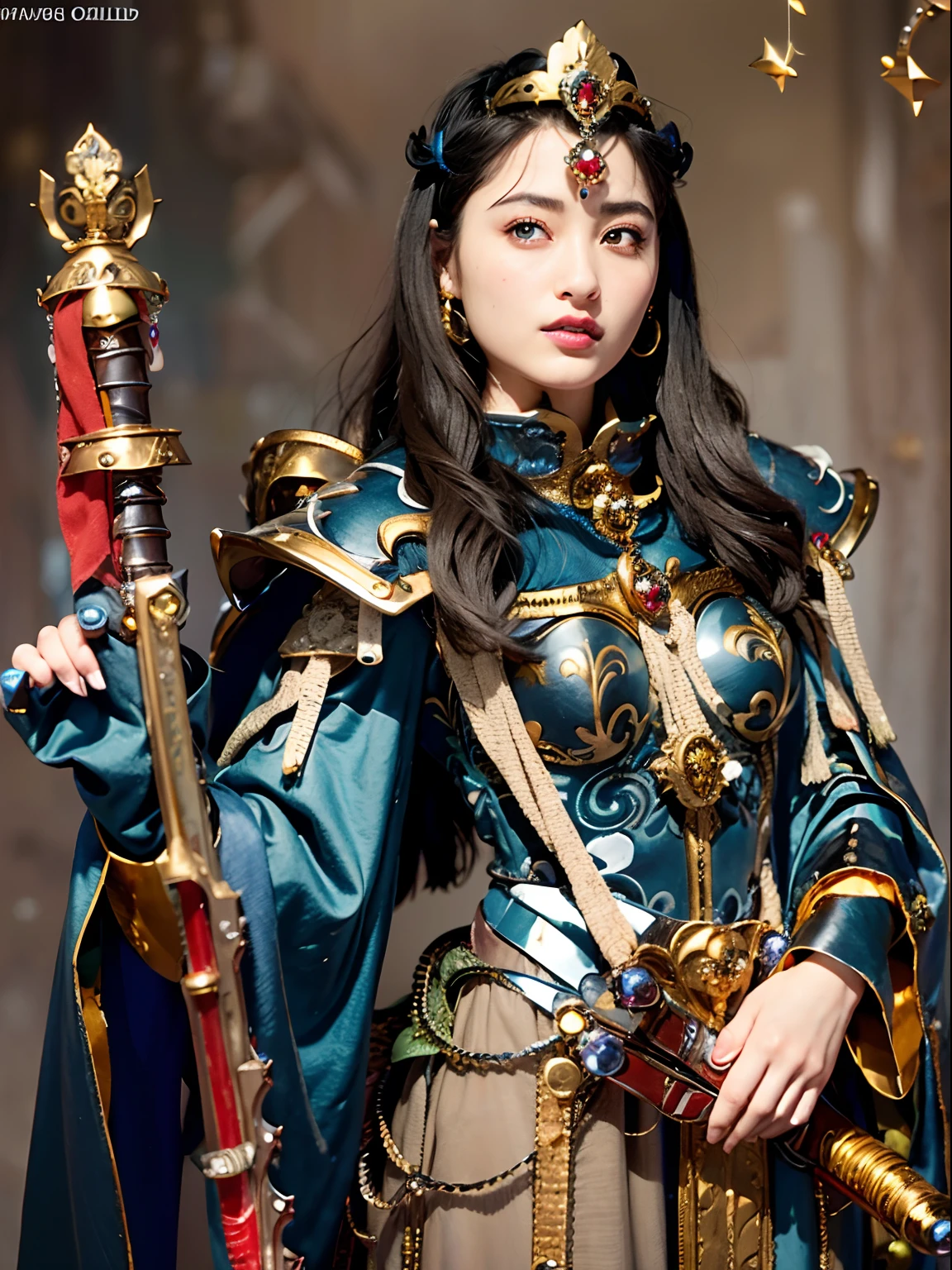 (masutepiece), Professional , ​masterpiece、top-quality、photos realistic , depth of fields （Gemstone Silver Metal Body:1.９),(Matte Blue、Jewel Gold Weapon（Jewel Metal Body:1.４),Gorgeous metal weapons , Detailed Sword of the Brave , Beautiful knife   ,warhammer 40k , adepta sororitas,Detail and ornate jewel crown、Black hair、Gangle's forest background、Beautiful Caucasian beauty、１a person、dynamic ungle,(((Detailed and ornate diamond crown)))、a small face、A smile、Take a sexy pose、Background inside the castle、Thin and beautiful female hands、