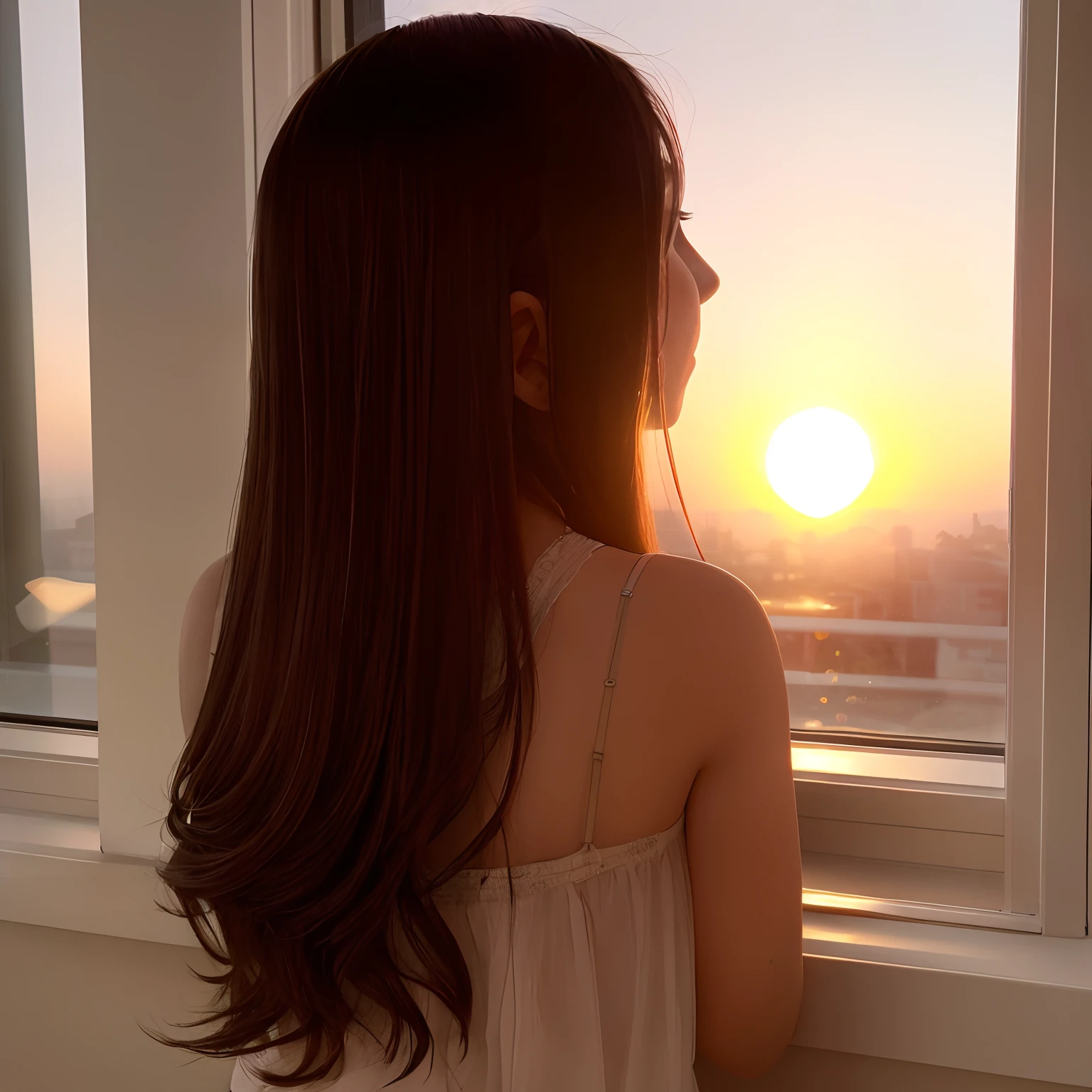 The back is youthful and beautiful, the student's upper body is against the window, the sunset is long, the hair is simple, simple and affectionate