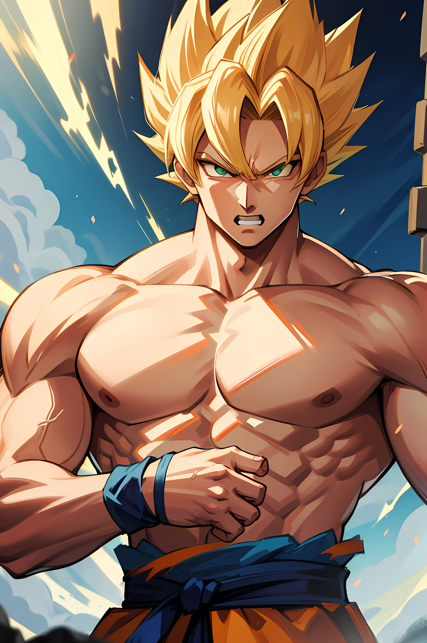(masterpiece, best quality), intricate details, 8k, artstation, wallpaper, official art, splash art, storm in background, sharp focus, 1boy, (photorealistic:1.2) (bokeh) (best quality) (detailed skin:1.3) (intricate details) (8k) (detailed eyes) (sharp focus) son goku, angry, battle damage, blonde hair, blue sash, clenched teeth, furious, green eyes, male focus, muscular, muscular male, pectorals, sash, solo, spiked hair, super saiyan, super saiyan 1, teeth, topless male, torn clothes, wristband,