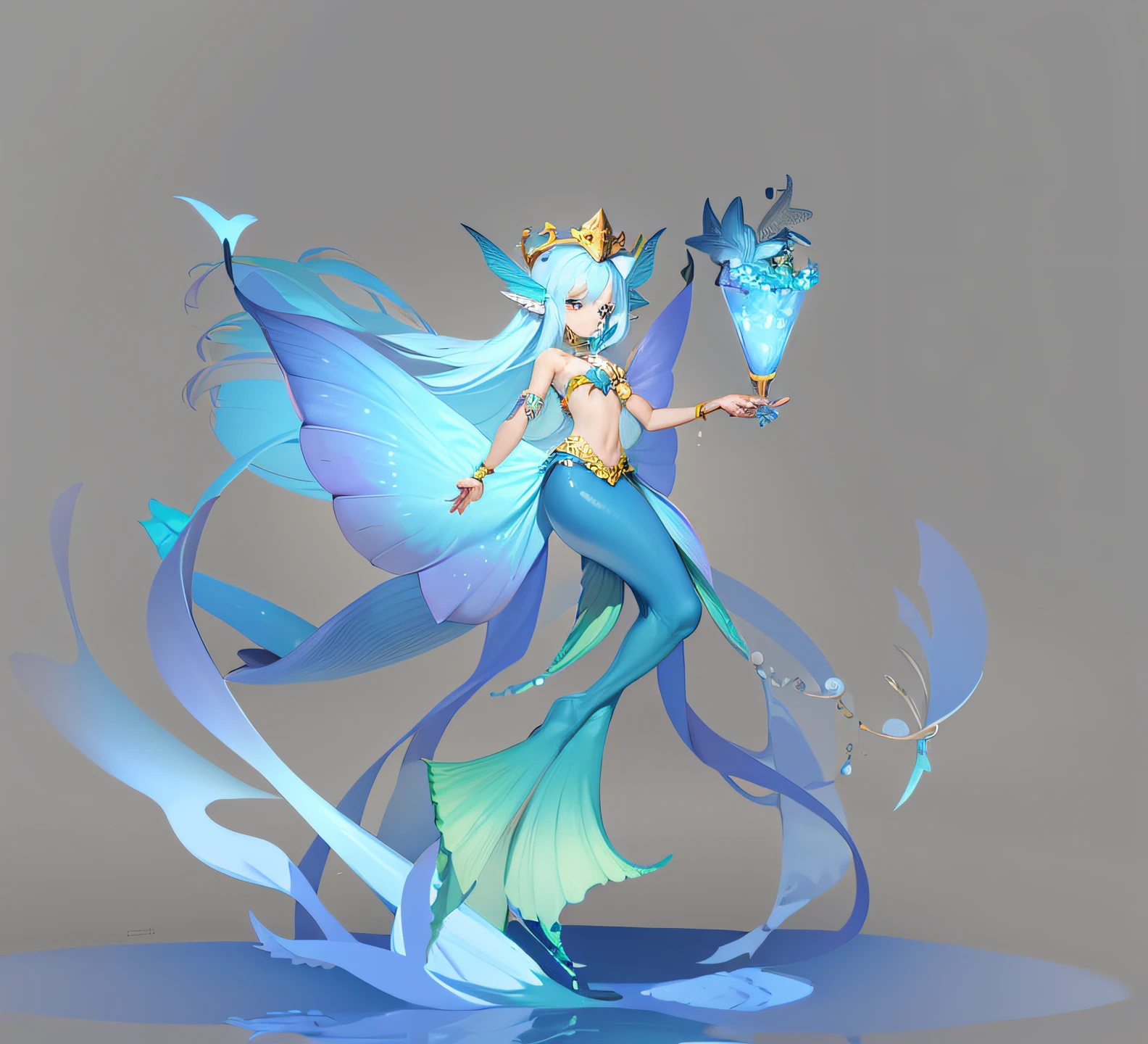 mermaids, tail fin, With a crown, Atlanteans, Finned ears, Shell shape bra, Metal trim at the waist, Wide thin tail, pearls necklace, water fairy, Queen of the Sea, colorful drawing, water elemental, Goddess of the sea, Mysterious Atlantis