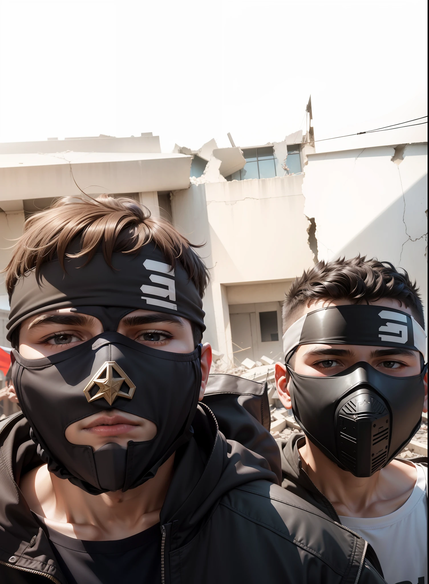 Two boys wearing masks,Walk out of the bombed bank