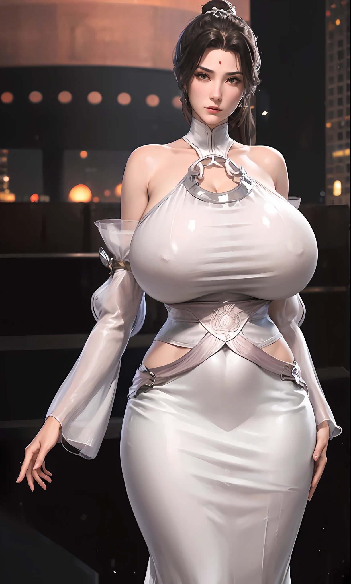 1girl, mature female,long dress, (huge round breasts:1.5), cityscape, looking at viewer, detached sleeves, hair ornament,(half body:1.3),forehead mark,cowboy shot,high ponytail, metal trim,bra,see-through, obi,