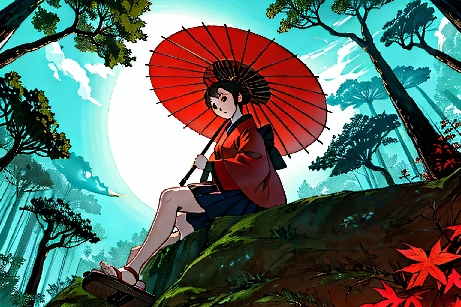 （Best quality at best），komono，Under the moon，red geta，An umbrella，In the forest，Look up at the camera