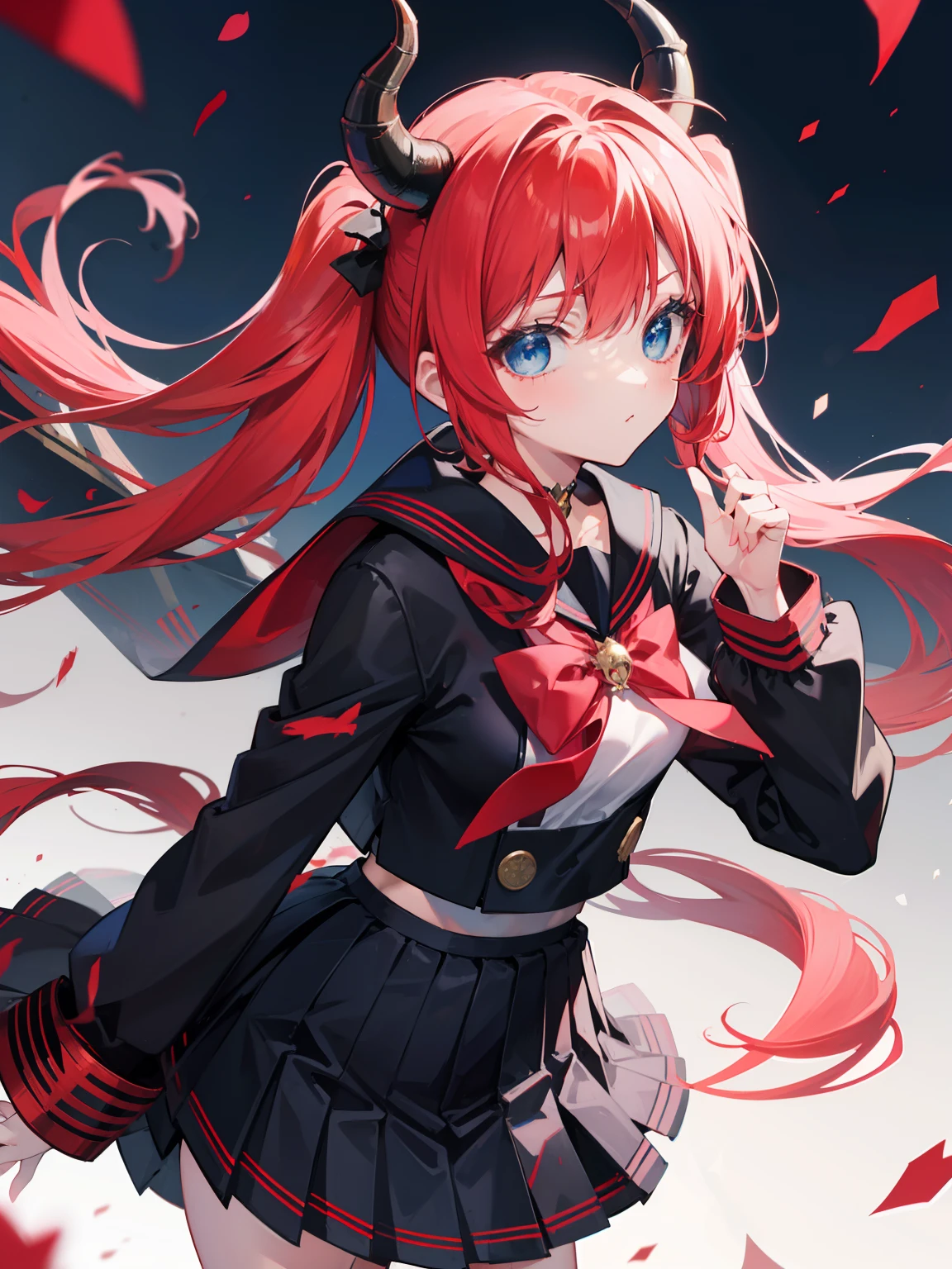 red hair, blue eyes, twintails, Sailor suit,black coat, Dragon horns,Pleated skirt,solo,li,cute,bow