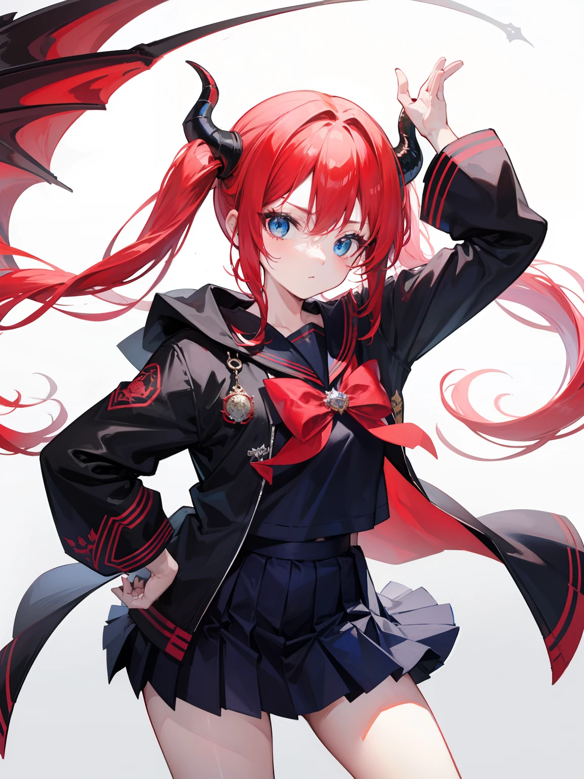 red hair, blue eyes, twintails, Sailor suit,black coat, Dragon horns,Pleated skirt,solo,,cute,bow