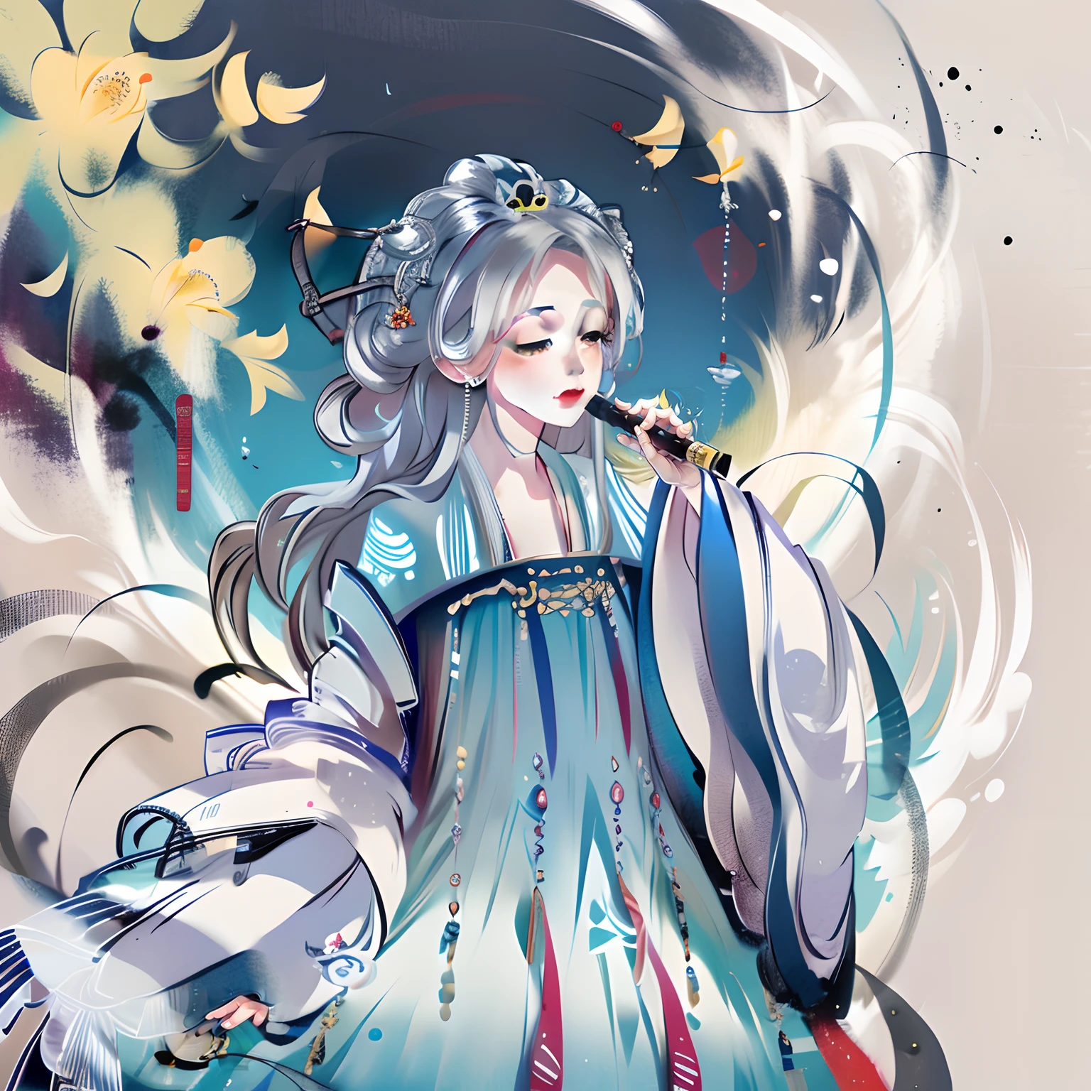 idoly,Hanfu,be on stage,holding a mic