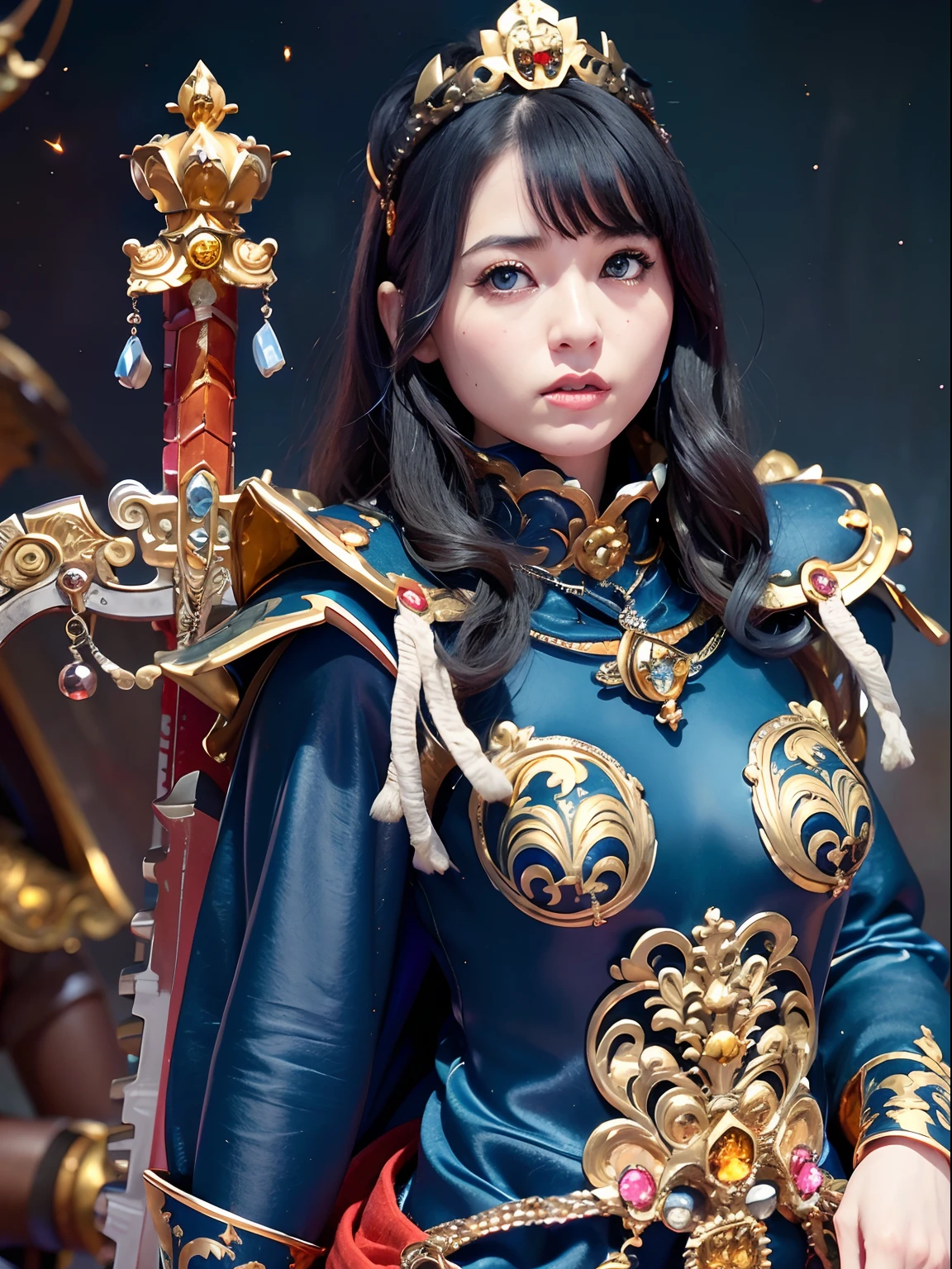 (masutepiece), Professional , masterpiece、top-quality、photos realistic , depth of fields (Gemstone Silver Metal Body:1.9),(Matte Blue、Jewel Gold Weapon(Jewel Metal Body:1.4),Gorgeous metal weapons , Detailed Sword of the Brave , Beautiful knife ,warhammer 40k , adepta sororitas,Detail and ornate jewel crown、Black hair、Gangle's forest background、Beautiful Caucasian beauty、1a person、dynamic ungle,(((Detailed and ornate diamond crown)))、a small face、A smile、Take a sexy pose、Background inside the castle、Thin and beautiful female hands、