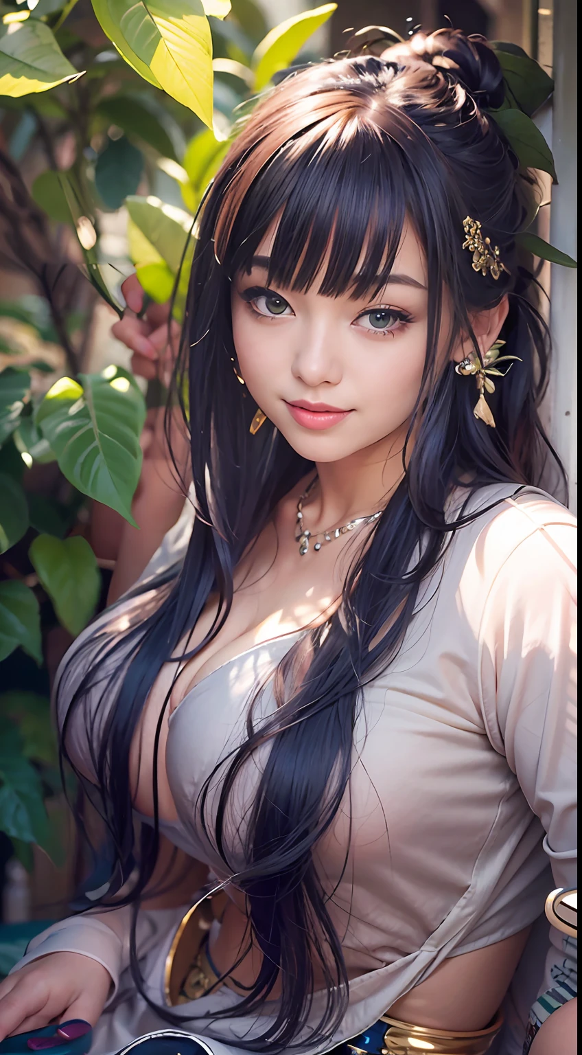 (8k), (best quality), (masterpiece:1.2), (realistic), (photorealistic:1.37), ultra-detailed, (kiss),1girls,cute,smile, long_hair,Green plants,beautiful detailed eyes, beautiful detailed nose, full body,huge breasts,dalcefo,pigsney, woman, black hair, asian.