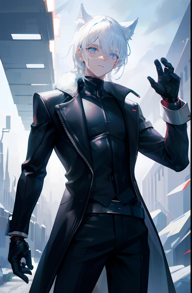 "Boy with white hair and grey eyes, wearing a sleek black leather suit, with one hand replaced by a robotic arm and wolf ears."