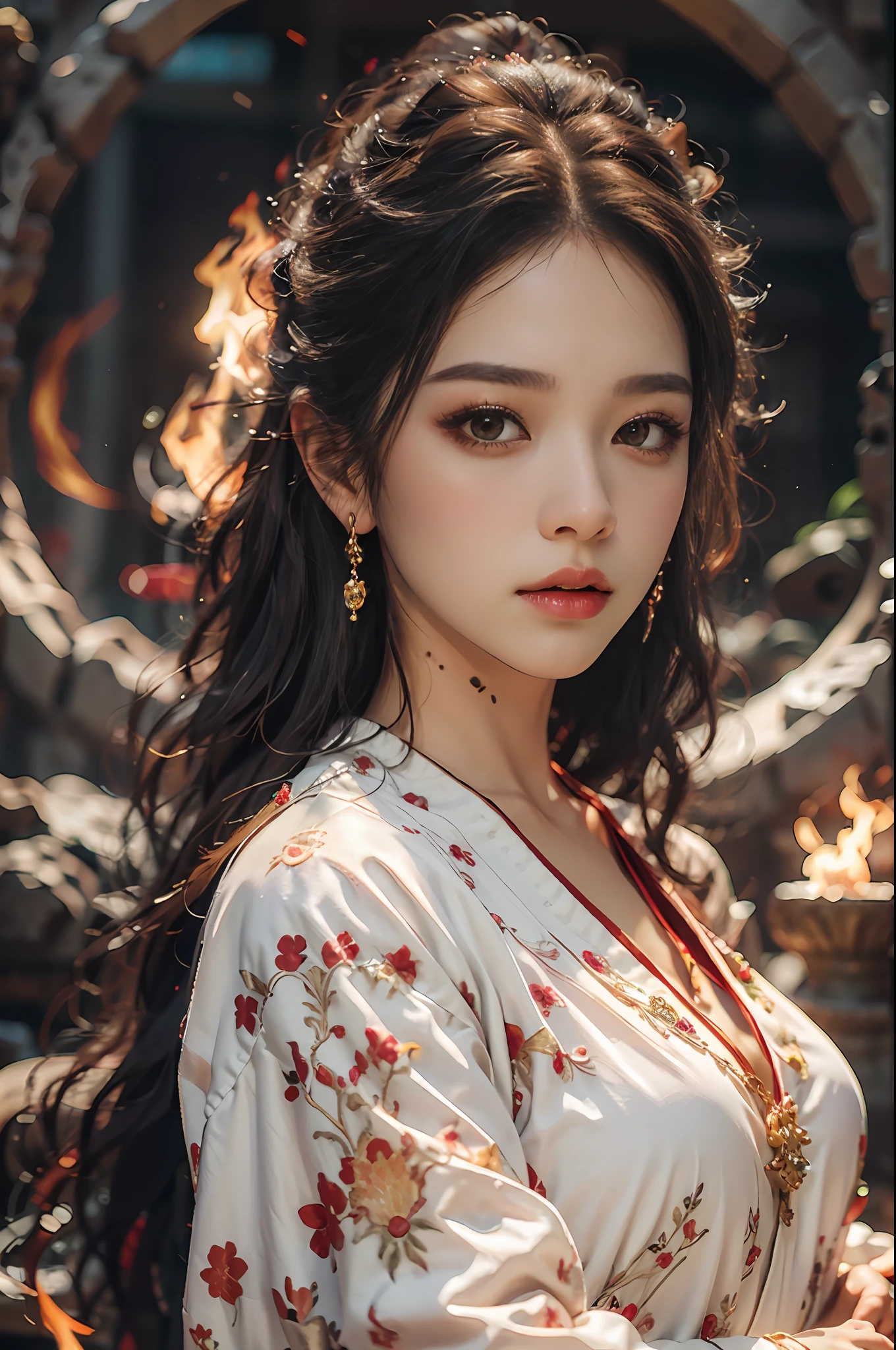 Best quality,masterpiece,ultra high res,(photorealistic:1.4)1girl,beautiful_face,detailed skin,full body,yuhuoshu,jewelry,solo,earrings,(fire:1.3),blurry,realistic,lips,