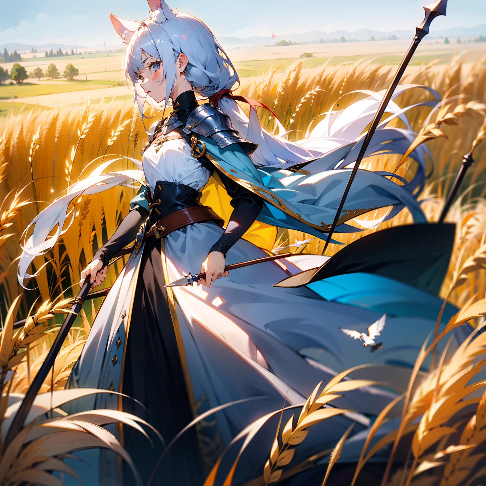 "masterpiece level work, Best quality, High-quality images, 1 girl, medium chest circumference, face to the viewer, Bird's eye view，White horse ears, She has long white ponytail hair, Wearing yellow clothing, Wear conservative clothing,  Perspective from the side, In a wheat field, The girl was preparing to shoot an arrow into the distance, Surrounded by other medieval knights wielding spears,The girl is serious,The girl confronts the knight， The whole presents a grand scene。"