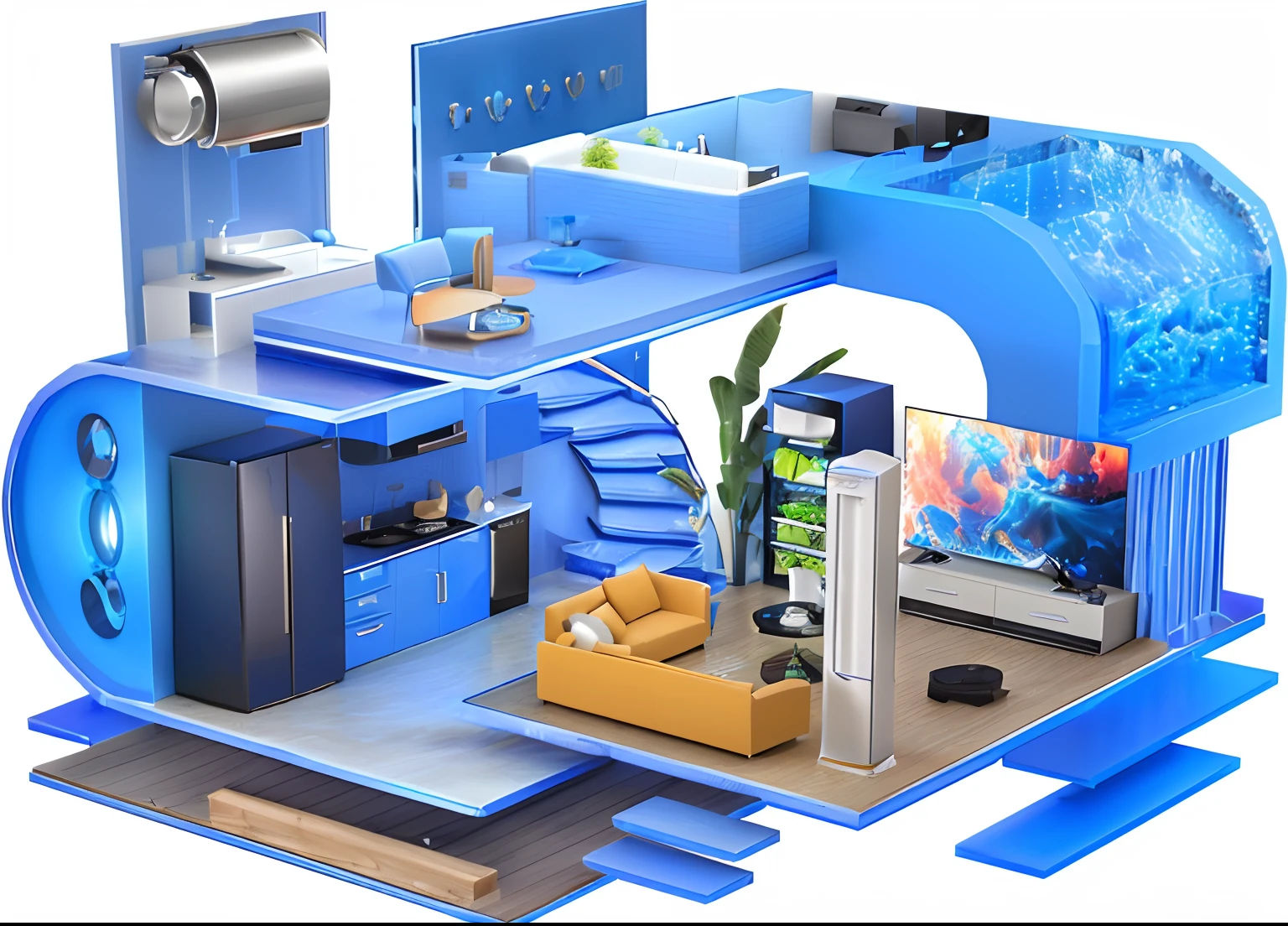 There is a blue room with sink and TV, ultra wide angle isometric view, glowing blue interior components, Super detailed living room, concept-art. 8 k'', isometric 3d render, 3d concept, 3 d product render, 3d concept, product design render, hyper detailed 3d render, hyper detailed 3d render, Highly detailed interior