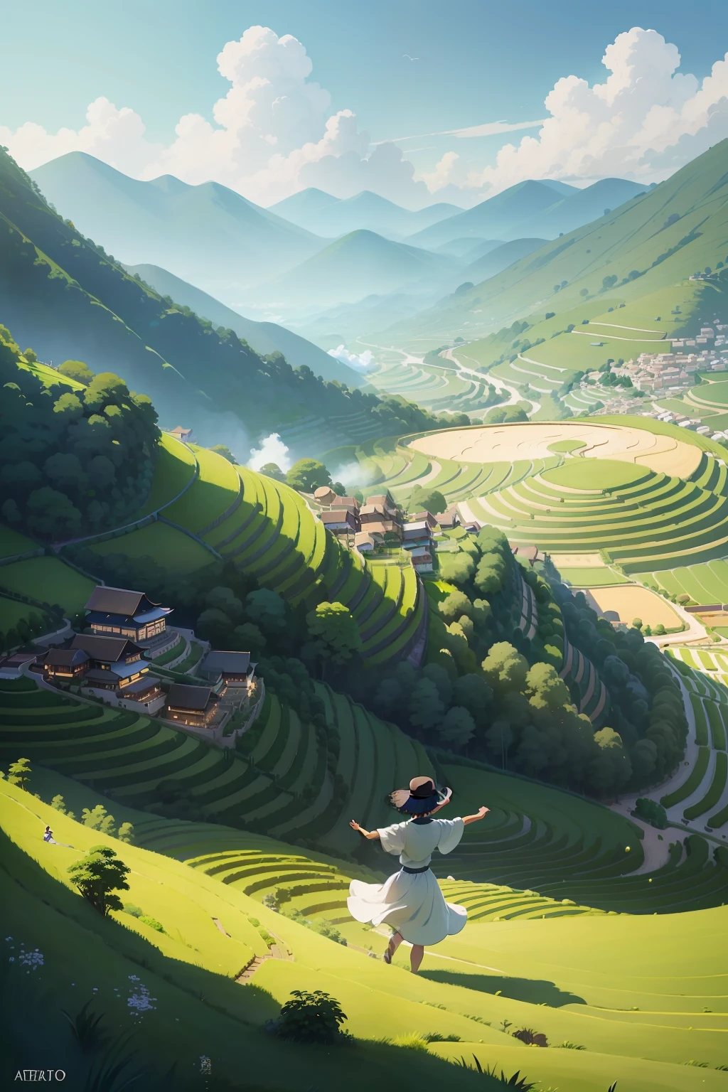 "Far mountains，terraced，Terraced fields，Design sense of the picture，Illustration style，Dancing figures in terraces，with blue sky and white clouds，Emotional expression，Surrounded by green hills and rice paddies，Makoto Shinkai inspiration，hayao miyazaki painting，Victo ngai style"