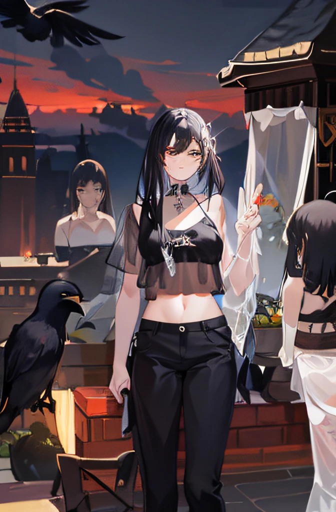 (Masterpiece), (Best quality), full bodyesbian,Simple background,Sitting,
1girll,Shiny hair,Black hair,feathers hair ornament, White cloak, ((See-through)),navel,Light smile,
plant, flower, full_Moon,detective theme,((black sock)), ((crow)),Chains,废墟,
1 gir, in flower,black_Bikini,1girl in flower ,navel,