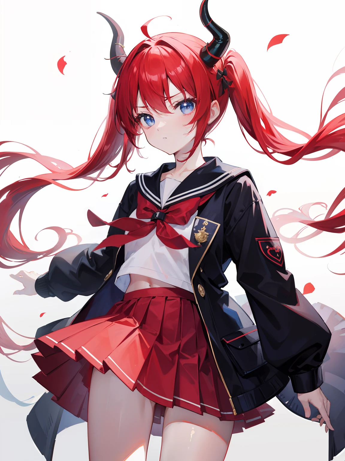 red hair, blue eyes, twintails, Sailor suit,black coat, Dragon horns,Pleated skirt,solo,,cute,bow