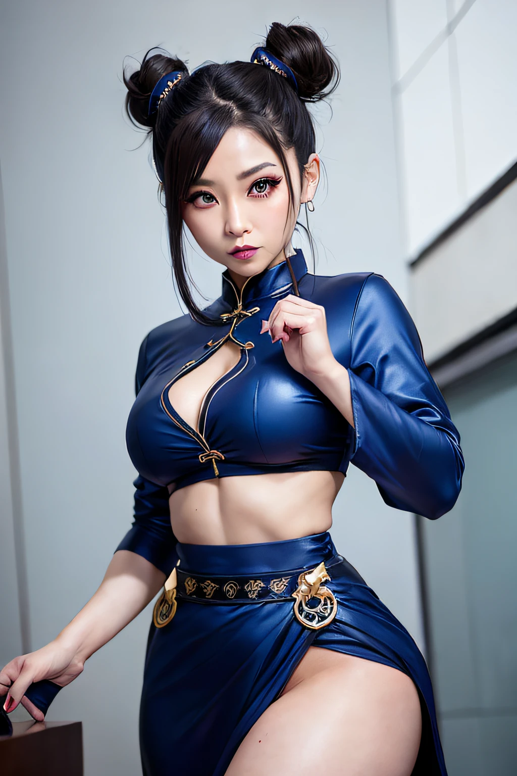 chun-li from street fighter, goth, brown eyes, make up, in tokyo, anime style, double hair buns, goth eye shadow, goth eye liner, beautiful face, dark make up, goth, 4k, upscale 8k, highest quality,blue chinese dress, kung fu pose, blue chinese dress. brown eyes, smiling