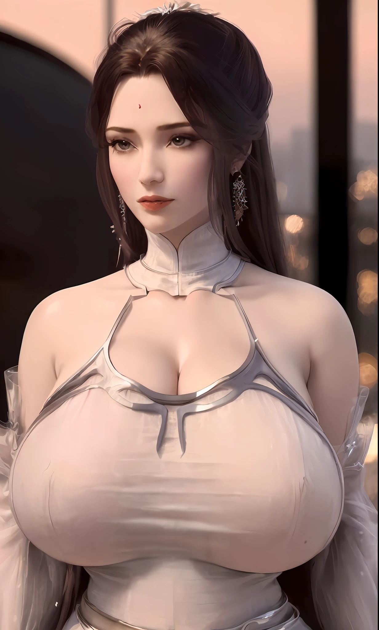 1girl, mature female,long dress, (huge round breasts:1.5), cityscape, looking at viewer, detached sleeves, hair ornament,(half body:1.3),forehead mark,cowboy shot,high ponytail, metal trim,bra,see-through, obi,