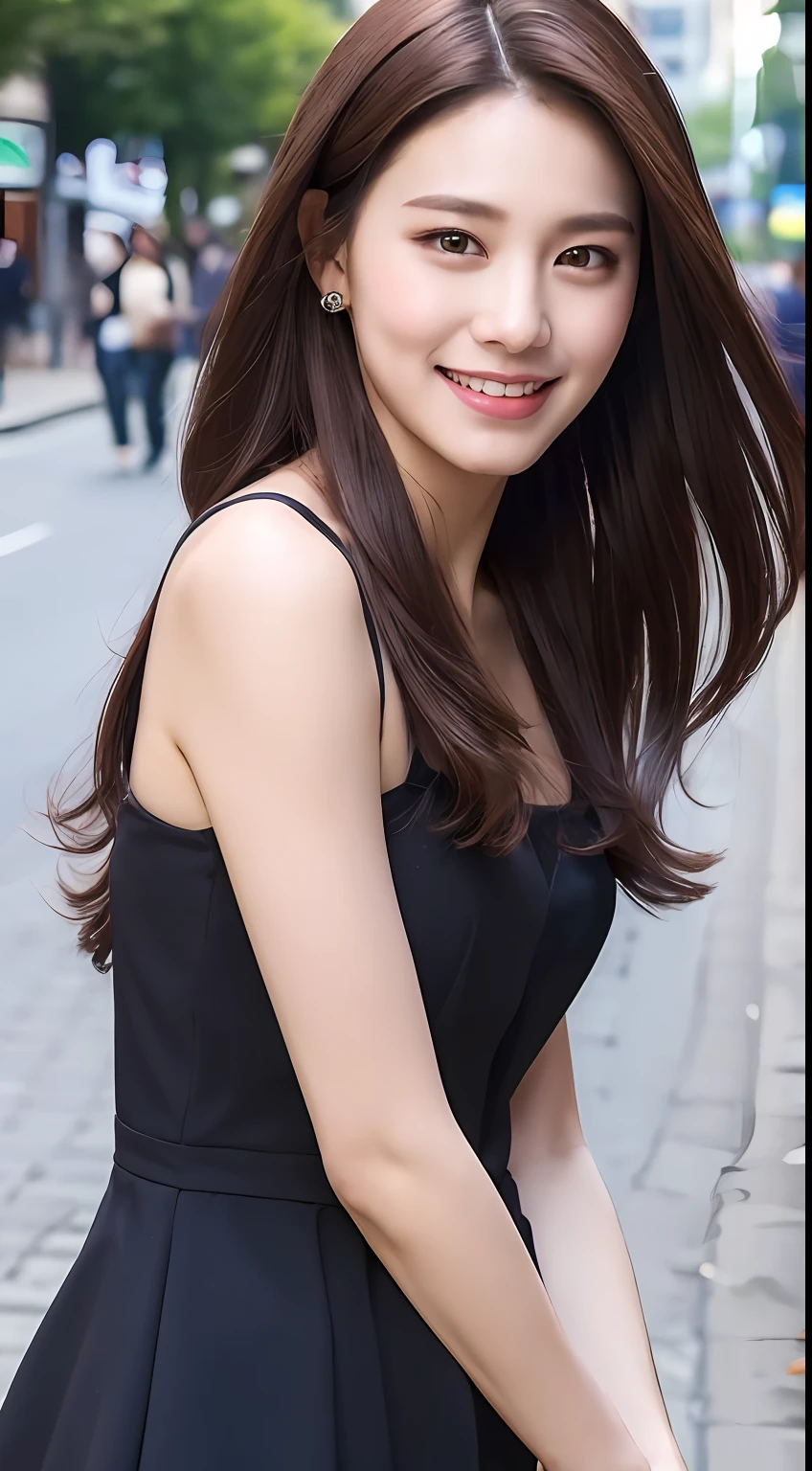 ((Best quality, 8k, Masterpiece :1.3)), 1girl, smiling, full body, slim face, Pretty woman, (Dark brown hair), full length dress :1.1, Ultra-detailed face, Detailed eyes, Double eyelid, blur background, slim face, city, outside, street,