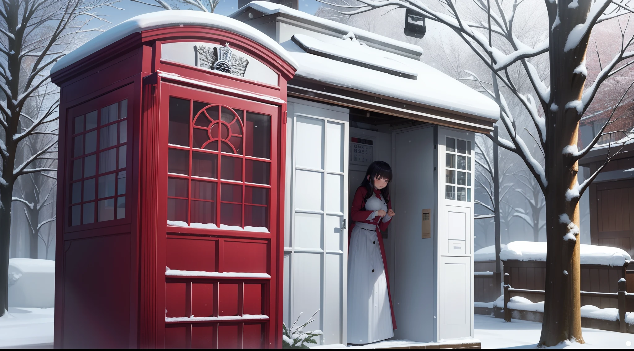Heavy snowfall、There is a snow woman in the telephone booth