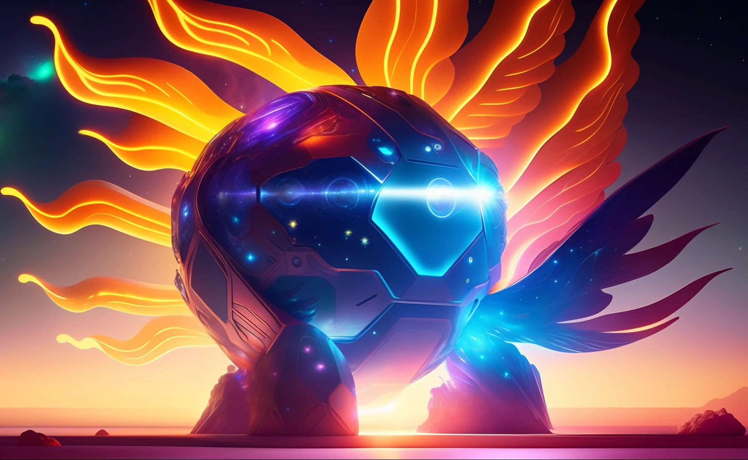 Surround a giant biollante-esque glow and a cute space mascot
Fantasy-style robot with colorful phoenix-shaped metal - giant space robot inspired by Biollante stretches towards the stars, Tendrils twisted、Rotates in all directions, Cosmic petals shine with sparkling light