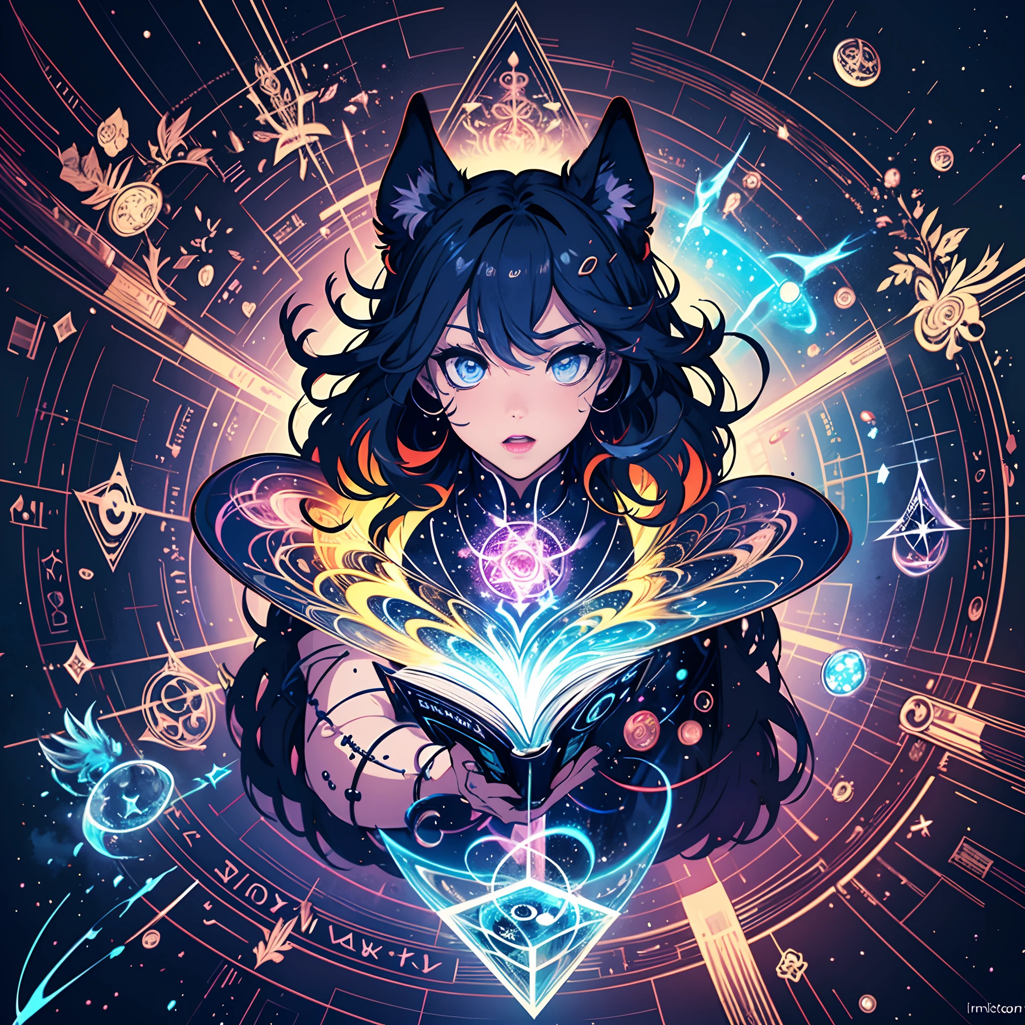 ((illustration)),colorful,wallpaper,energy,Unknown terror,arcane,Around the magic,magic surrounds,magic rod,book,pages flying all over the sky,Know it all,Predicting the Future,Know the past,Infinite wisdom,blue flame,Warlock,Magical Circle,Pentagram,incantation,mantra,Singing magic, bikini,