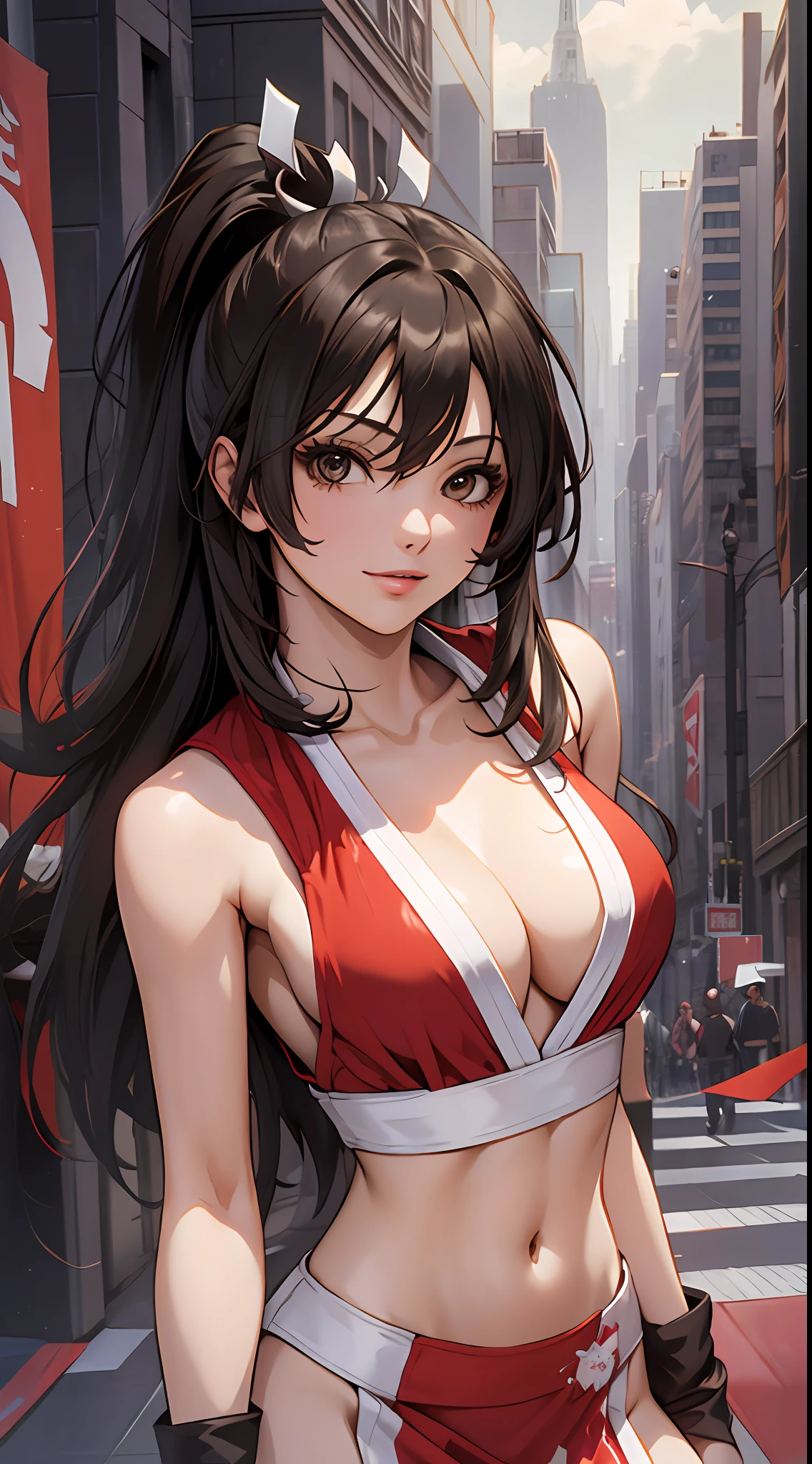 ( Best quality, tmasterpiece:1.5), 1girll, mini-skirts，ssmile，（cleavage：1.5）long whitr hair，Black color hair，The shoulder straps slip off，（Bigchest:1.5）perfect body figure，looking at viewert，（Red clothes)，（Fighting arena，Ultra-detailed background：1.2），folding fan