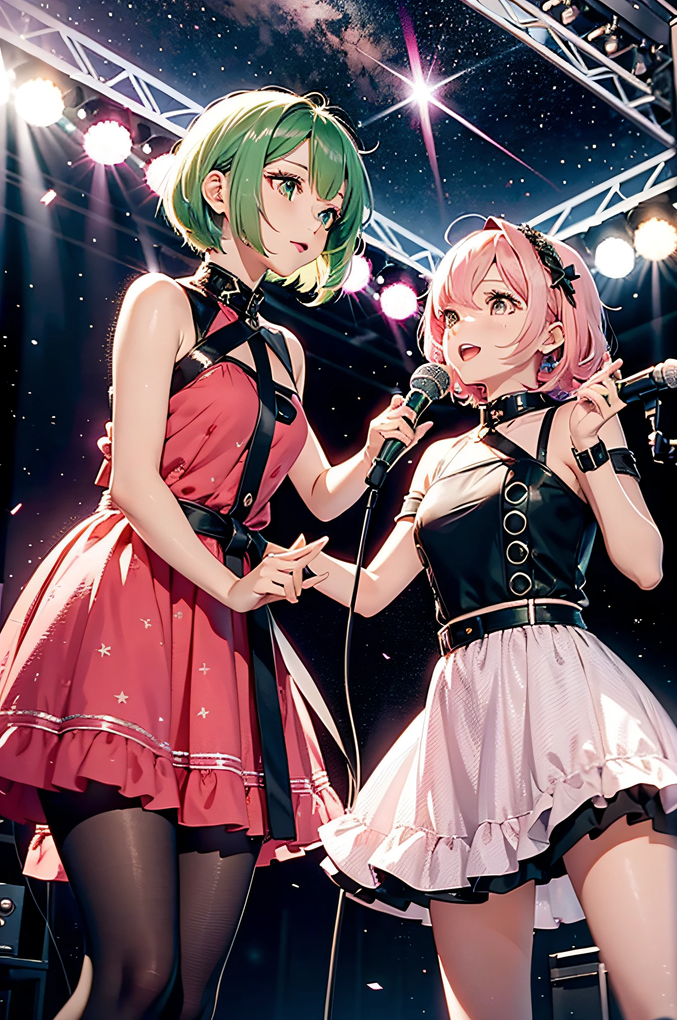 In the background of outer space, a twin vocal idol singer of a beautiful girl with short green hair and a beautiful woman with long pink hair２Singing with eye contact