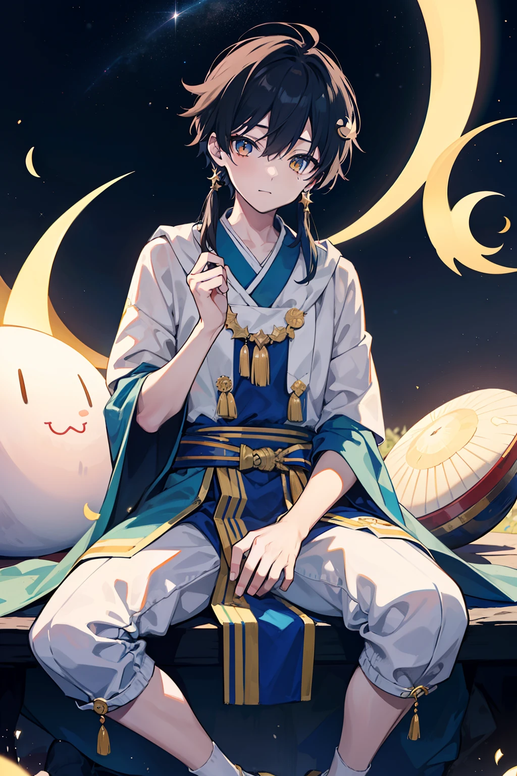 (top-quality、masterpiece)、(1boy、独奏、Physical education sitting、watching at viewers、)One boy sitting on a crescent moon、Dressed in national costume、ear ornament、Dressed in a traditional poncho、Mash、magic carpet、Physical education sitting、Very beautiful starry sky background、a moon、glinting、optic、lanthanum、Dynamic