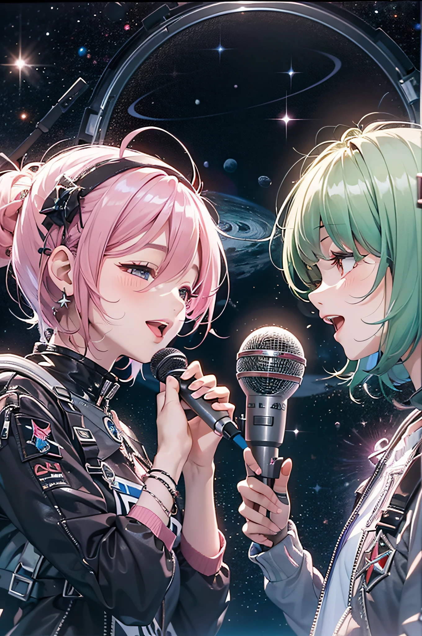 In the background of outer space, a twin vocal idol singer of a beautiful girl with short green hair and a beautiful woman with long pink hair2Singing with eye contact