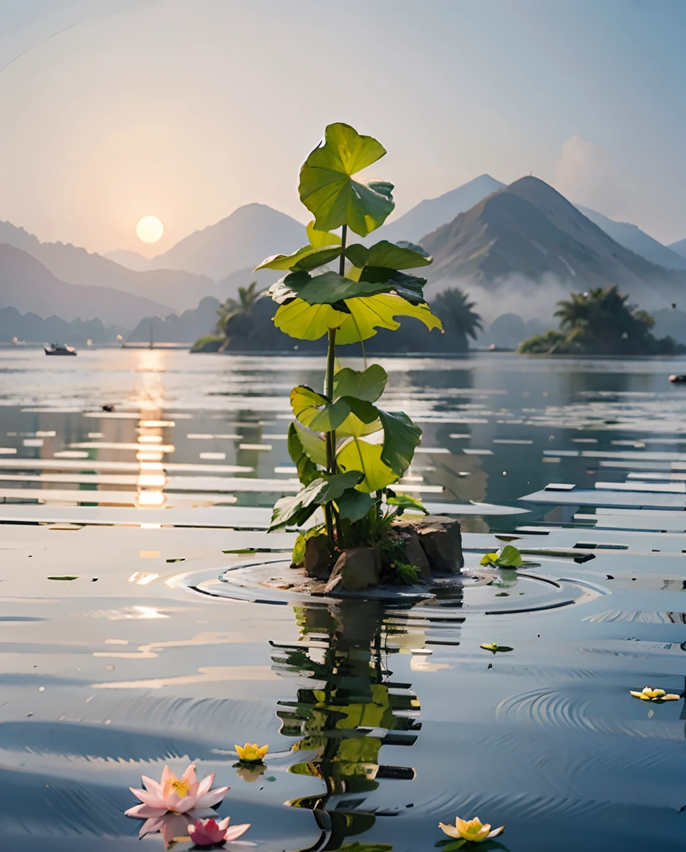 lotuses，Pavilion，Lotus leaf，Beautiful，Riverside，Small bridge，Highest image quality,Lots of detail，water dripping，Foggy，commerciaphotography