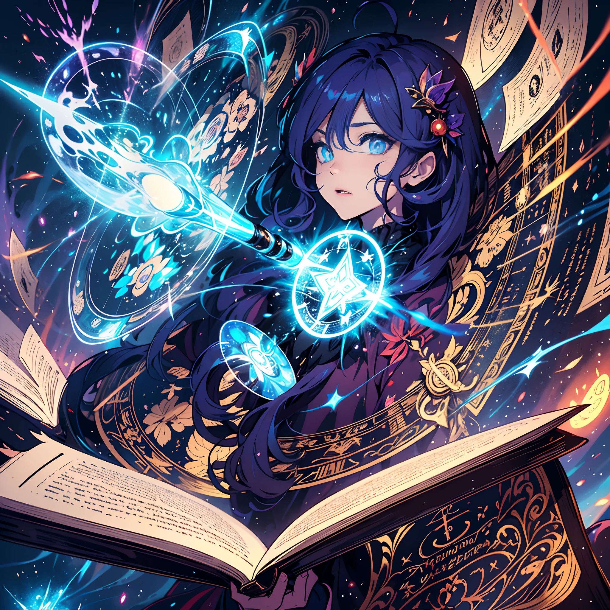 ((illustration)),colorful,wallpaper,energy,Unknown terror,arcane,Around the magic,magic surrounds,magic rod,book,pages flying all over the sky,Know it all,Predicting the Future,Know the past,Infinite wisdom,blue flame,Warlock,Magical Circle,Pentagram,incantation,mantra,Singing magic, bikini,