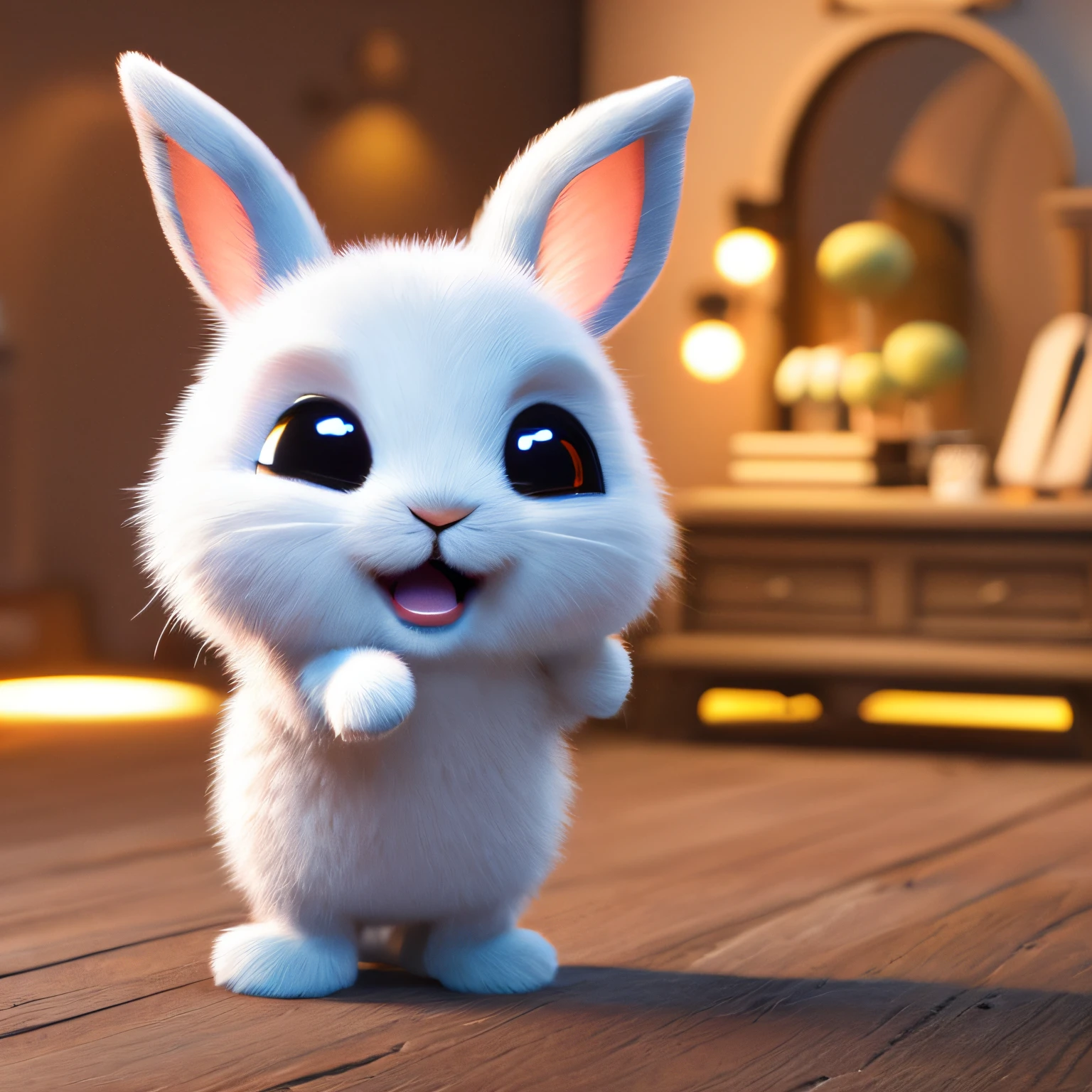 Cute adorable little bunny waving and smiling greeting me, unreal engine, cozy interior lighting, art station, detailed digital painting, cinematic, character design by mark ryden and pixar and hayao miyazaki, unreal 5, daz, hyper realistic, octane render, 3DMDT1