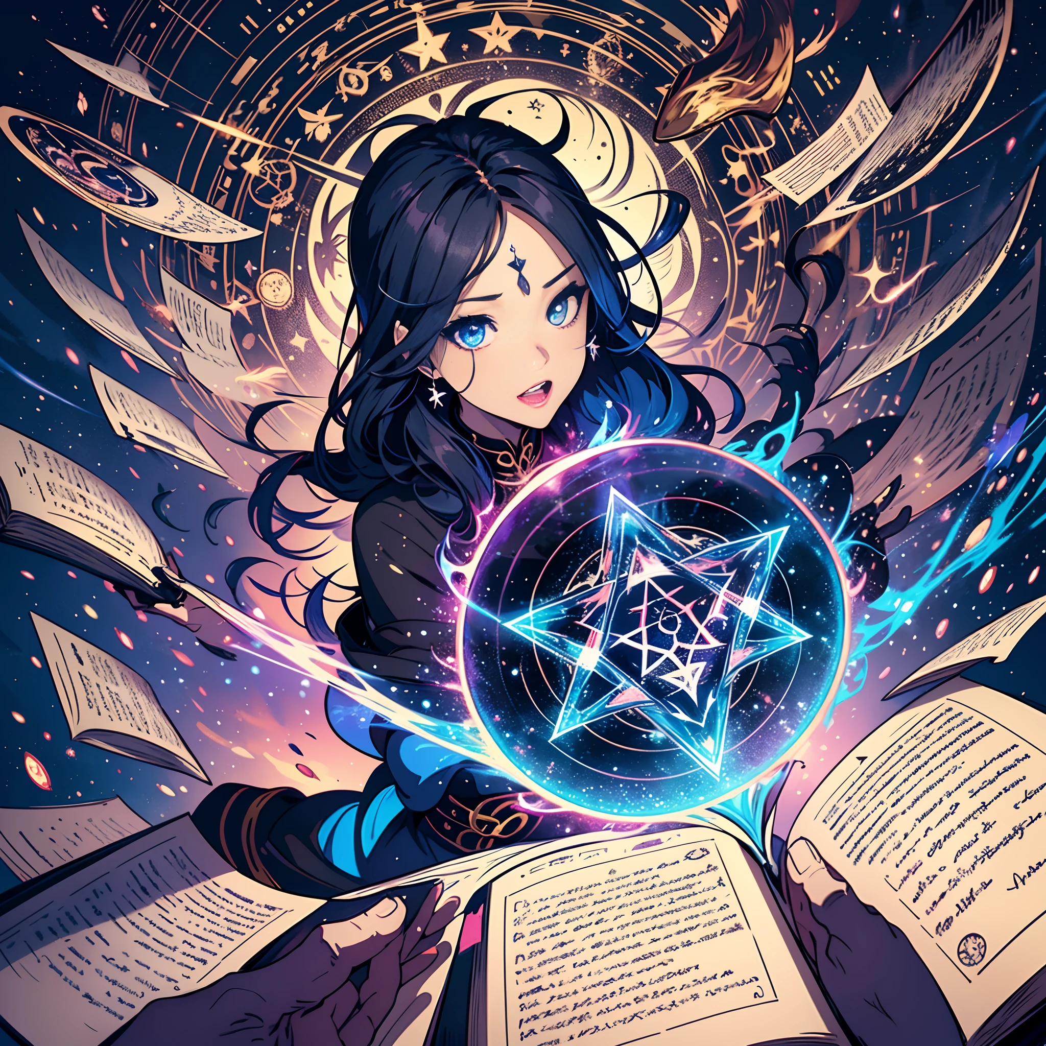 ((illustration)),colorful,wallpaper,energy,Unknown terror,arcane,Around the magic,magic surrounds,magic rod,book,pages flying all over the sky,Know it all,Predicting the Future,Know the past,Infinite wisdom,blue flame,Warlock,Magical Circle,Pentagram,incantation,mantra,Singing magic, bikini,