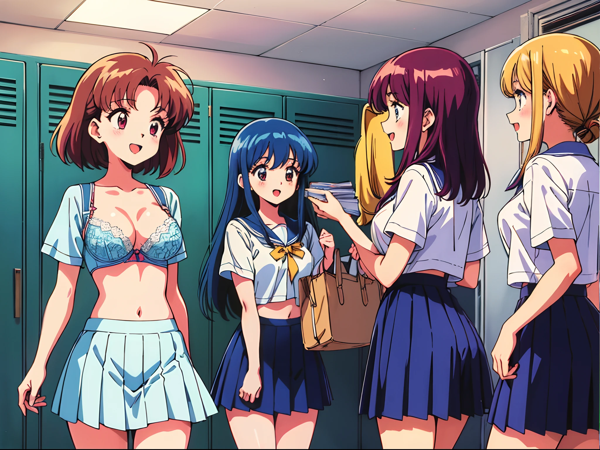 best quality, ultra-detailed, high resolution, multiple girls, harem, medium breasts, various hair, various hair color, white school uniform, blue pleated skirt, bra, panties, (1990s \(style\),retro artstyle,1990s anime cels style), locker room, (looking away:1.2), talking, open mouth, smile, thigh focus