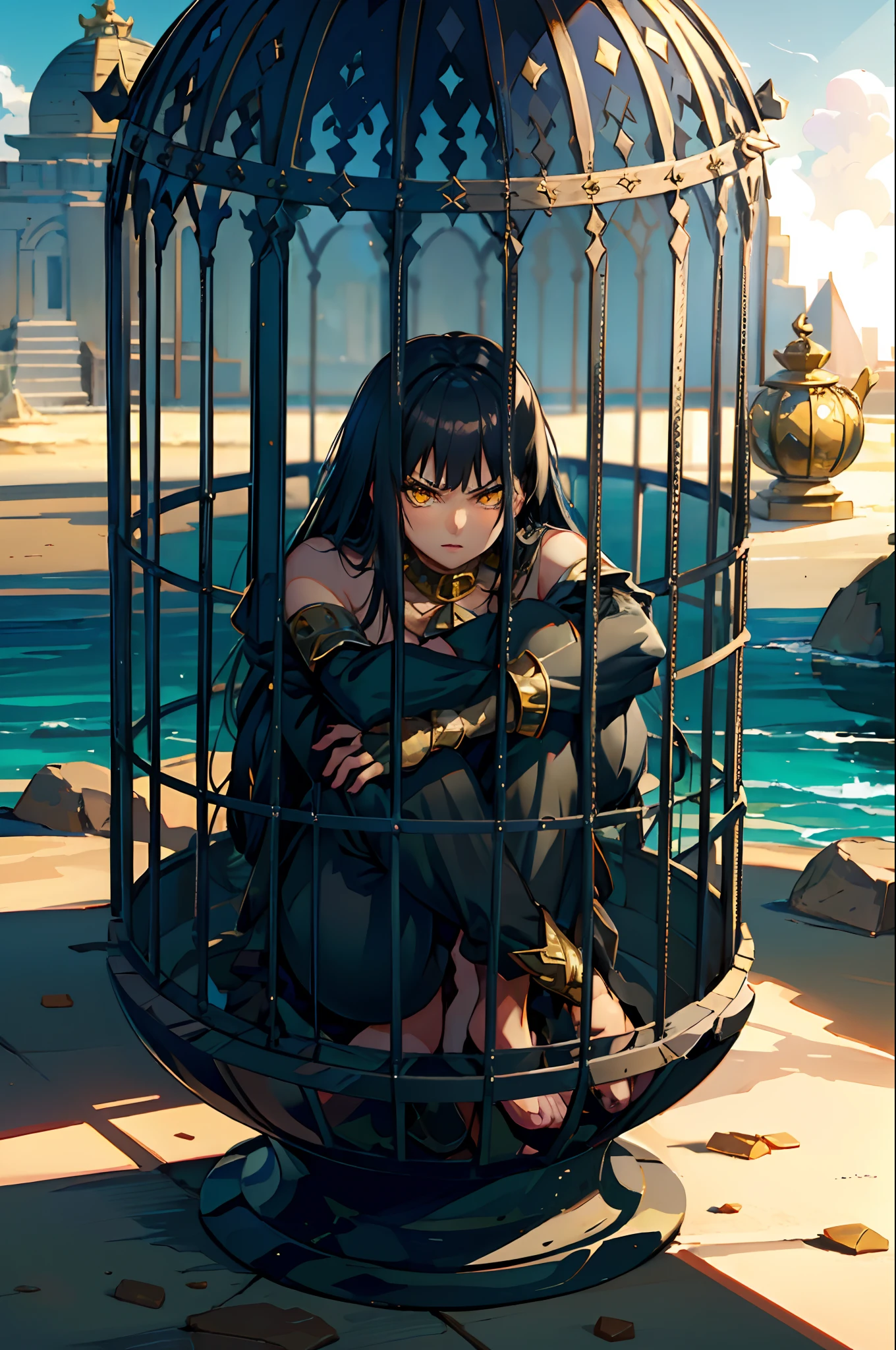 (masterpiece:1.3),(best quality:1.2),8k,absurdres,unity 8k wallpapper,(extremely detailed:1.3),highestres,in_cage, solo, legend of queen opala, 1girl, osira (character), black hair, Egyptian skin, yellow eyes, blunt bangs, big breasts, black form-fitting strapless bra, black thong, see-through baggy genie pants, annoyed expression, in the beach near the desert, looking at viewer, simple background, shirt, long sleeves, 1girl, sitting, full body, grey background, hugging own legs, cage,