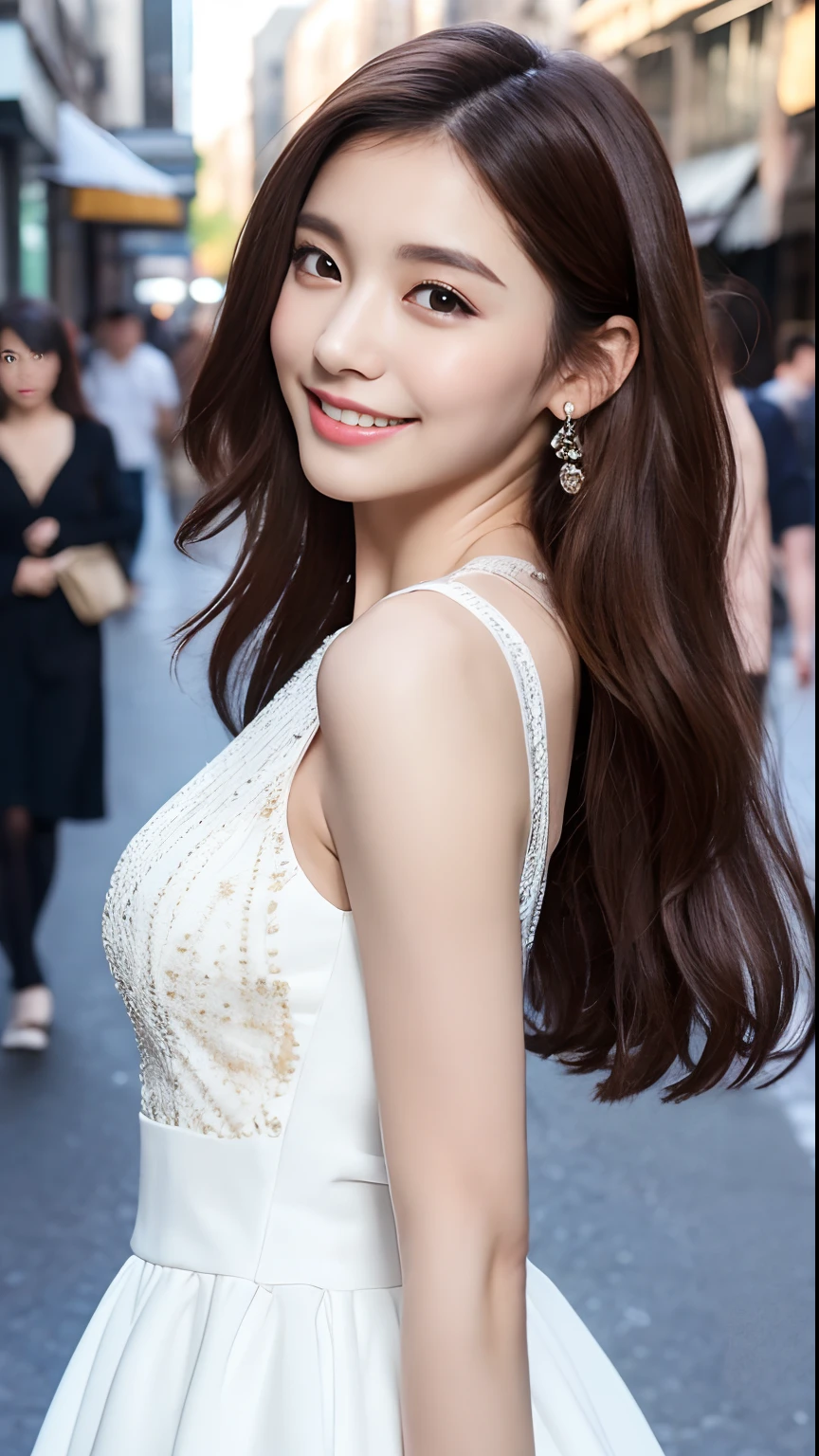 ((Best Quality, 8K, Masterpiece: 1.3)), 1 girl, smile, full body, slim face, pretty woman, (dark brown hair), full length white dress :1.1, super detailed face, detailed eyes, double eyelids, blurred background, slim face, city, outside, street,
