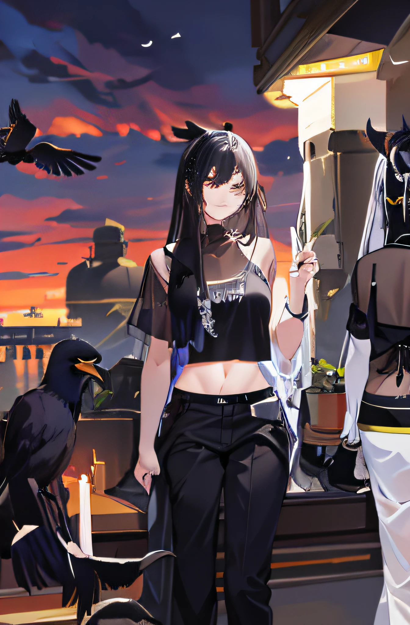 (Masterpiece), (Best quality), full bodyesbian,Simple background,Sitting,
1girll,Shiny hair,Black hair,feathers hair ornament, White cloak, ((See-through)),navel,Light smile,
plant, flower, full_Moon,detective theme,((black sock)), ((crow)),Chains,废墟,
1 gir, in flower,black_Bikini,1girl in flower ,navel,