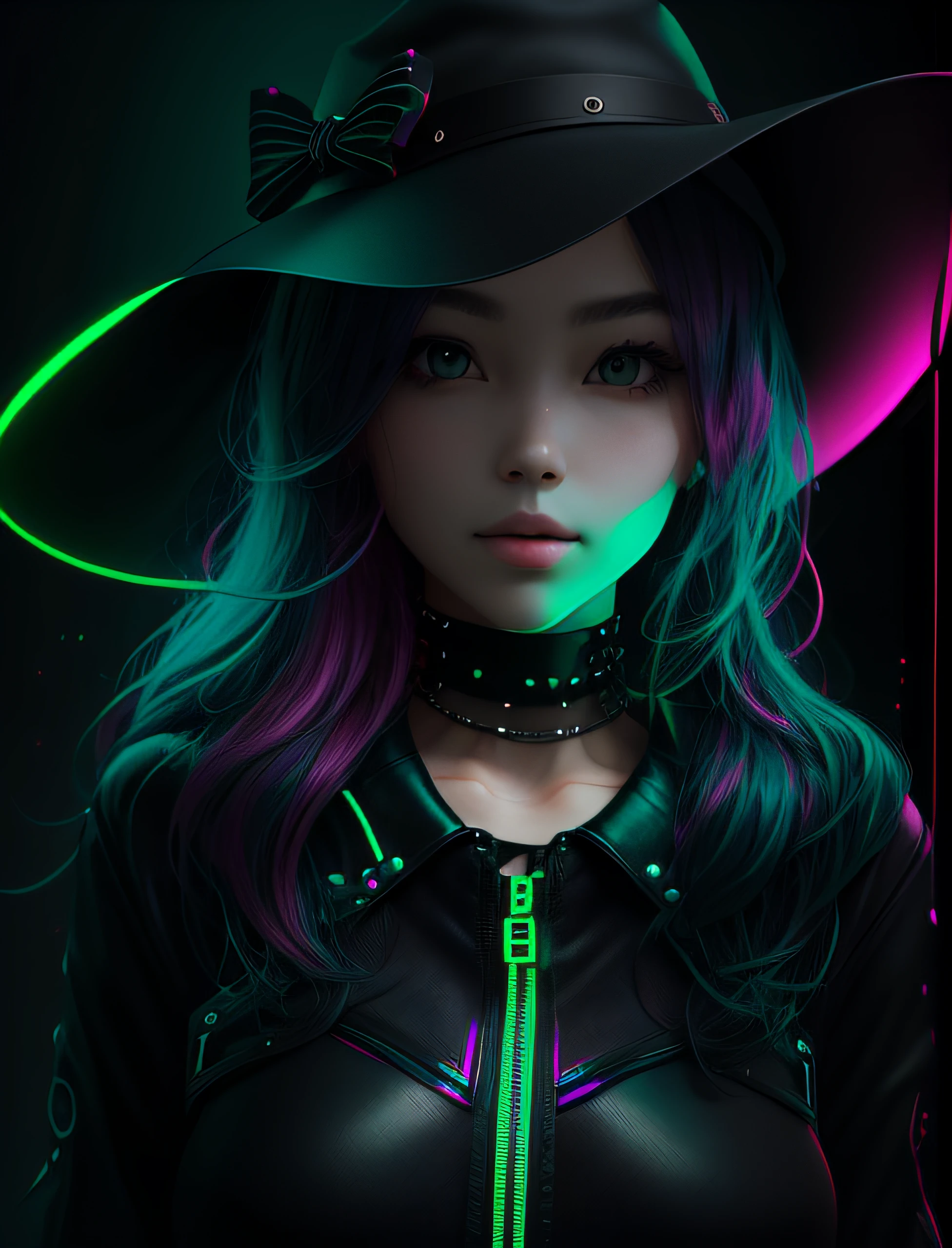 Black hat,fashionable girl,20yr old,looks into camera,Bust photo,cyber punk perssonage,with black background,fluorescent green,OC rendering,3D,Portrait photography --ar 3:4 --niji 5 --s 2