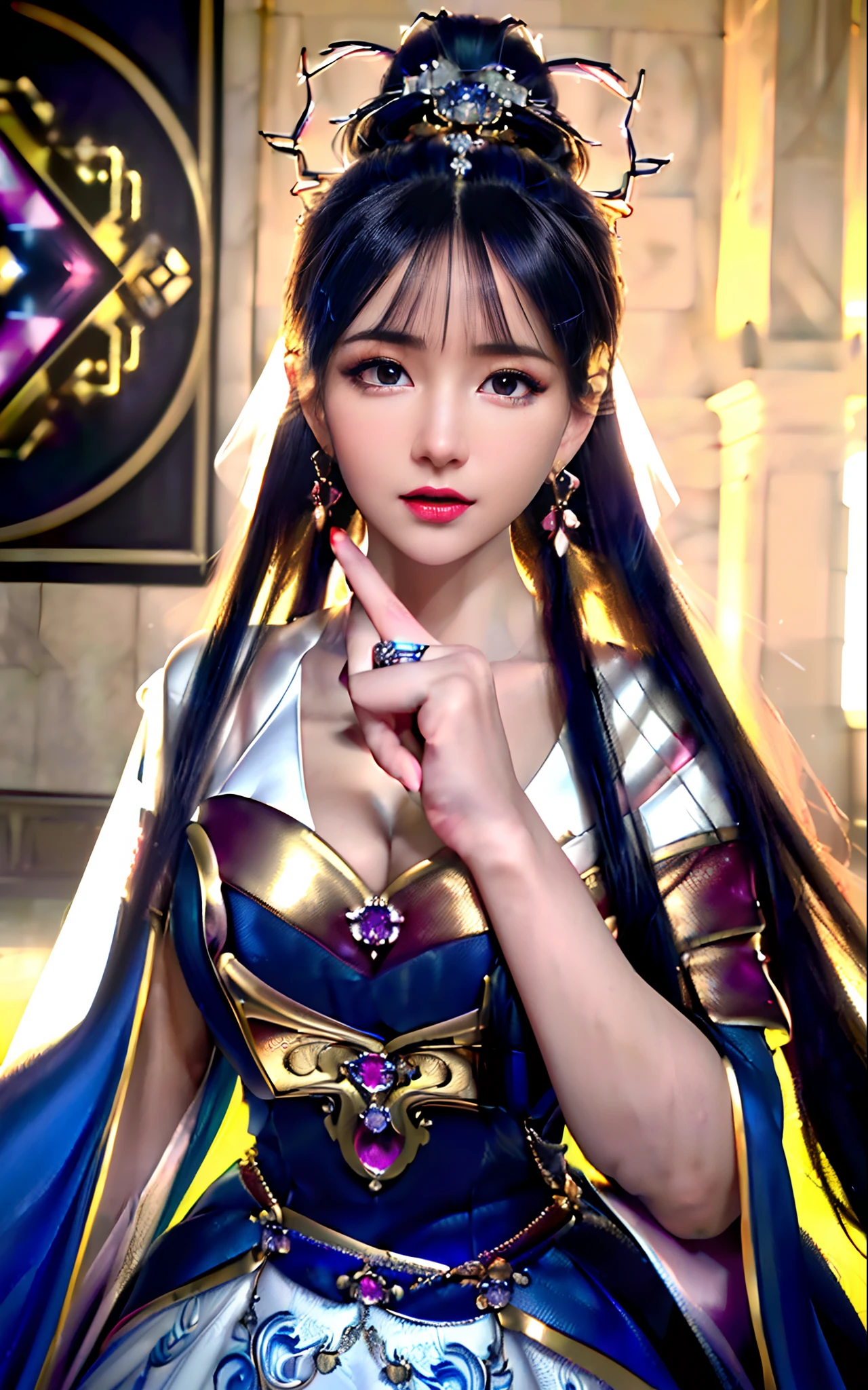 ((realisticity: 1.2)), ((realistic: 8K UHD)), ((best resolution: 8K UHD)), hyper detailed, best quality,masterpiece,highres,cg, ((1 girl hyper detailed and hyper realistic) ) , ((beautiful queen, hyper realistic and hyper detailed)),((white skin, beautiful, smooth, youthful, hyper realistic and hyper detailed )), ((Face hyper beautiful, white, hyper realistic and hyper detailed ) ), long hair, ((hyper realistic and hyper detailed dress)), solo, ((hyper realistic, hyper beautiful, beautiful and hyper detailed jewelry)), ((hyper beautiful deep red and golden yellow dress, hyper realistic and hyper detailed )) , ((Her pretty, hyper realistic, hyper detailed diamond filled earrings)), ((Her gorgeous diamond haircut, hyper realistic and hyper detailed)), ((hyper pretty upper body, hyper beautiful, hyper realistic and hyper detailed) ), ((medium breast: 1.5)), ((hyper realistic, hyper pretty, hyper detailed boobs)), ((the backgroun of the royal palace is hyper majestic, hyper realistic and hyper detailed)),((hands and palms hyper beautiful, hyper detailed, hyper realistic)), ((fingers: pinky finger, index finger, ring finger, middle finger, and thumb hyper realistic, hyper detailed, hyper beautiful)), ((hyper pretty, hyper pretty, hyper realistic and hyper detailed hair bun)), ((hyper pretty , hyper realistic and hyper detailed blue hair)), candid, Photo, high resolution, 8k , bokeh,